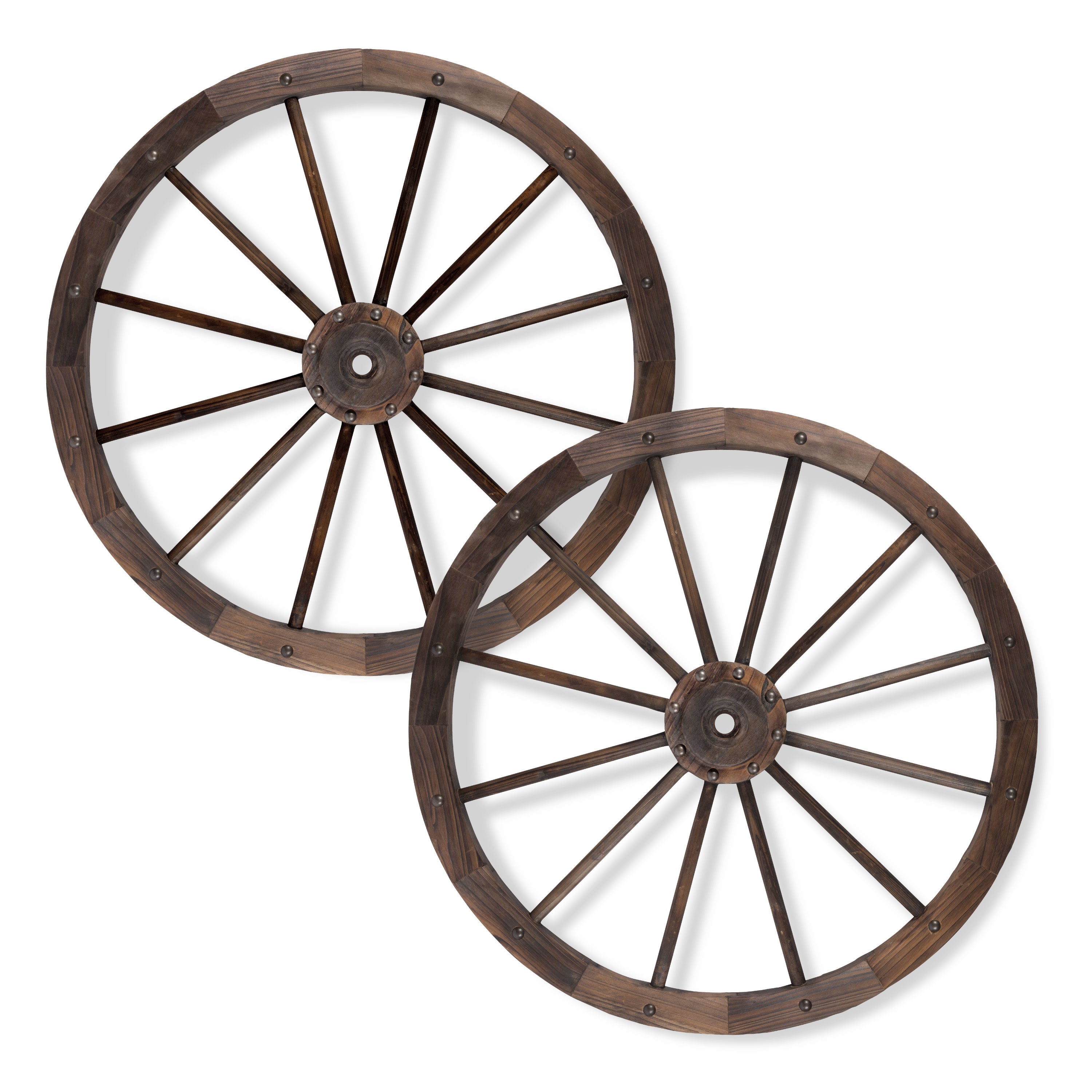 Two rustic wooden wagon wheels with dark brown spokes and rims, shown overlapping on a plain white background.
