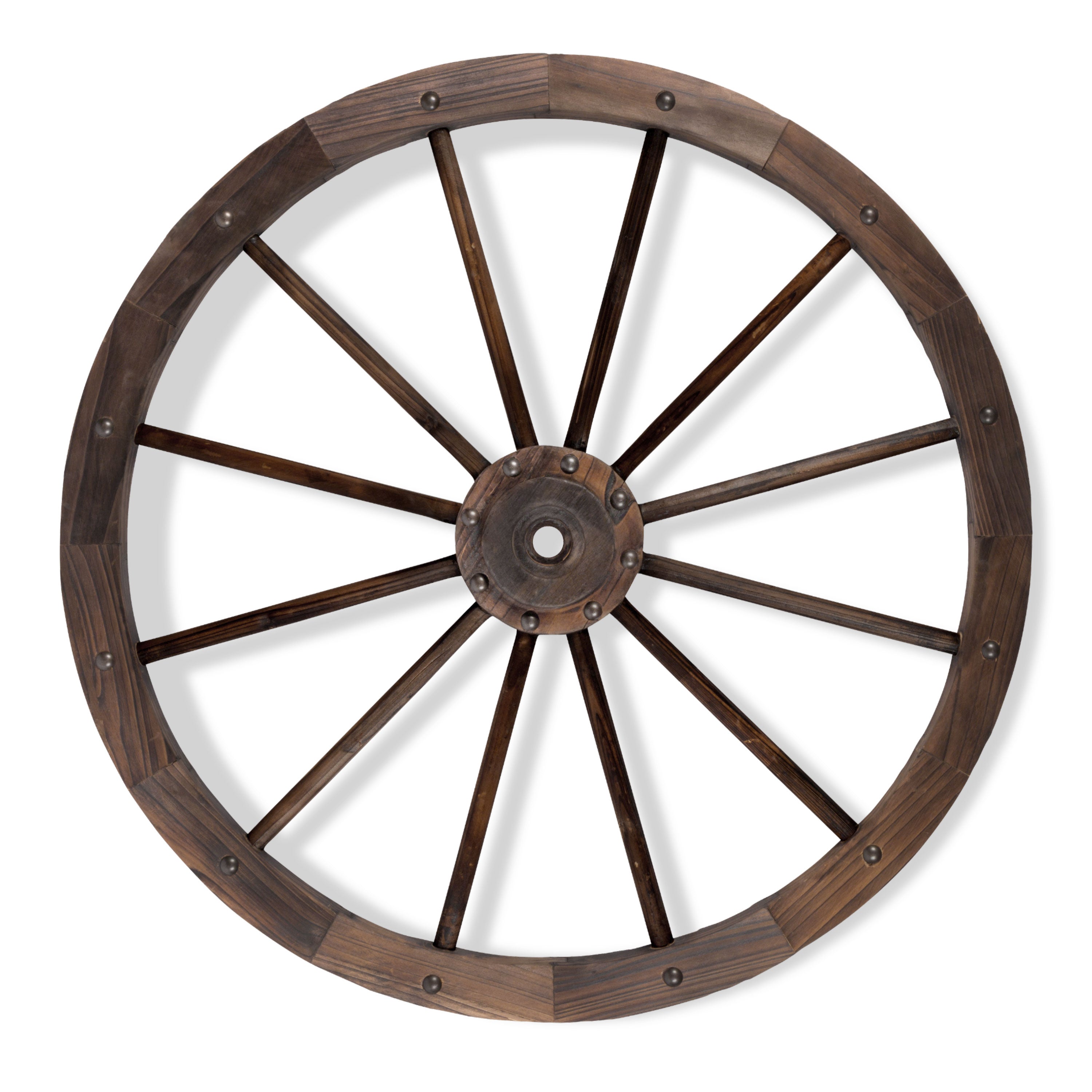 A rustic dark brown wooden wagon wheel with multiple spokes and a central hub, shown against a plain white background.