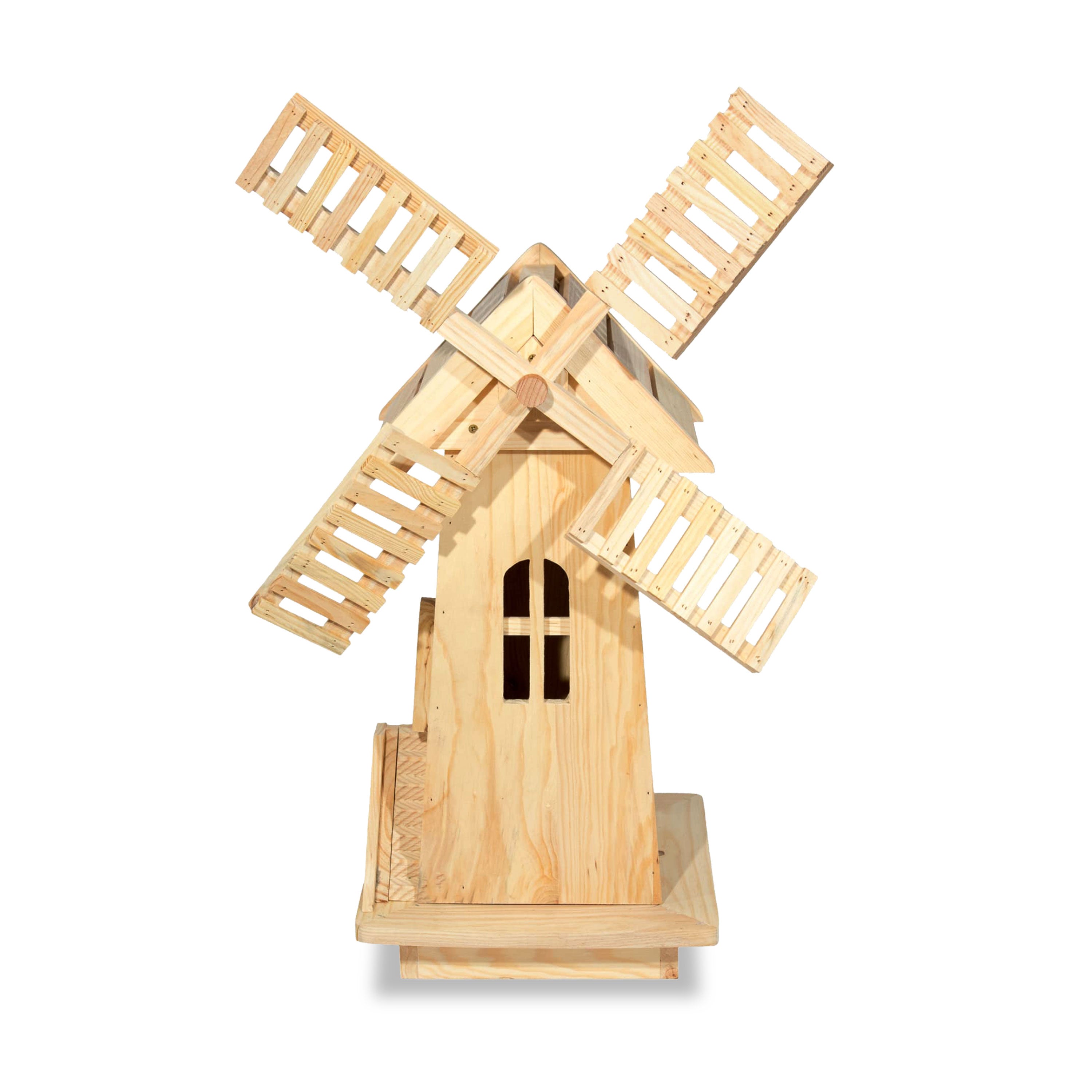 A miniature wooden windmill decoration made from light natural wood, featuring four slatted blades and a small arched window on the tower, shown against a plain white background.