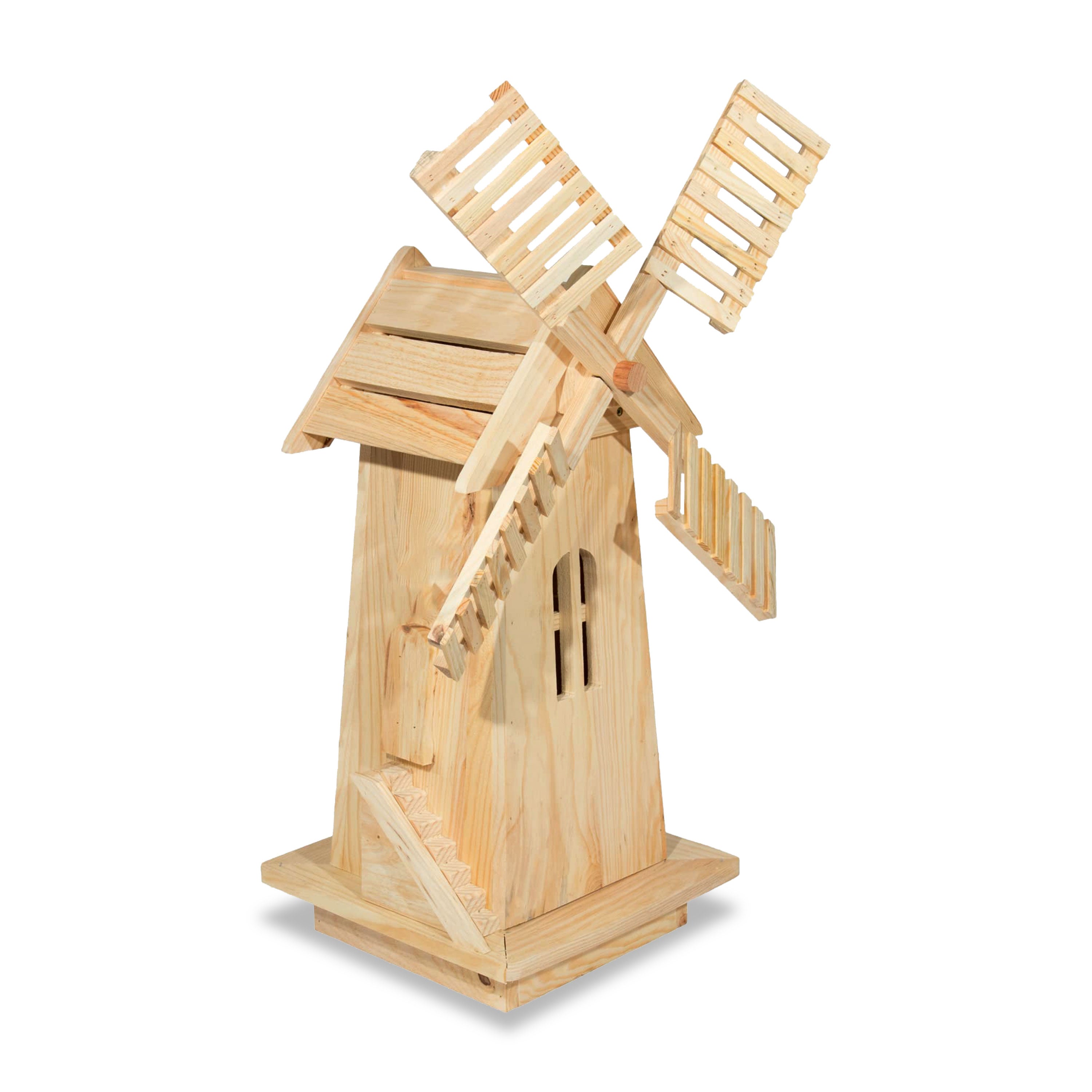 A small wooden windmill model made from light natural wood, shown on a plain white background.