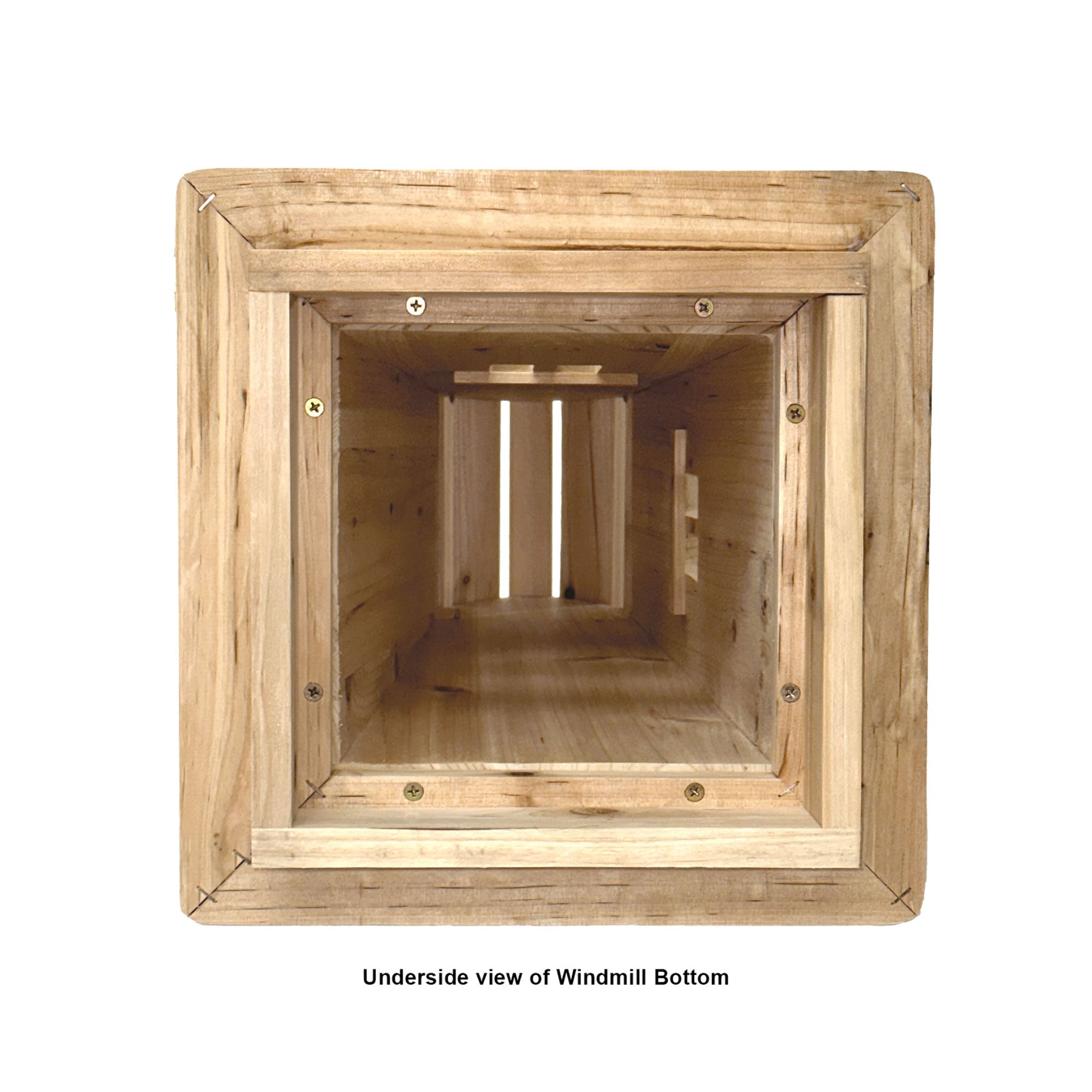 An underside view of a wooden windmill bottom structure, showing the interior frame and slats, with a caption underneath reading &