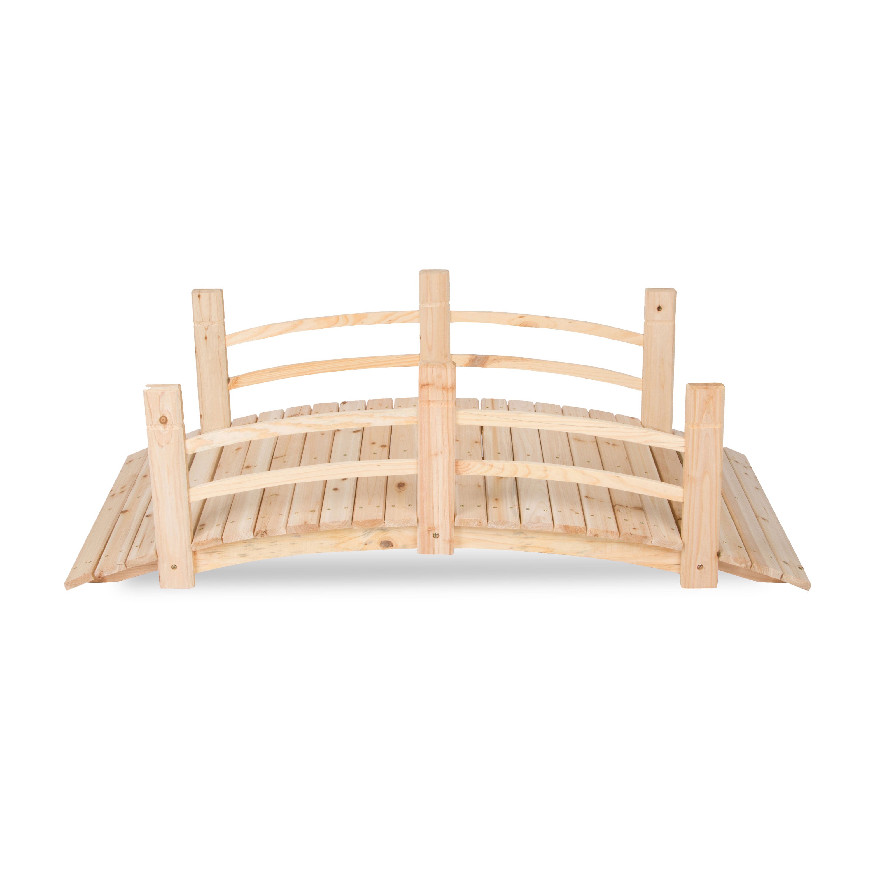 A small 5ft arched wooden garden bridge made of light natural wood slats, shown on a plain white background.