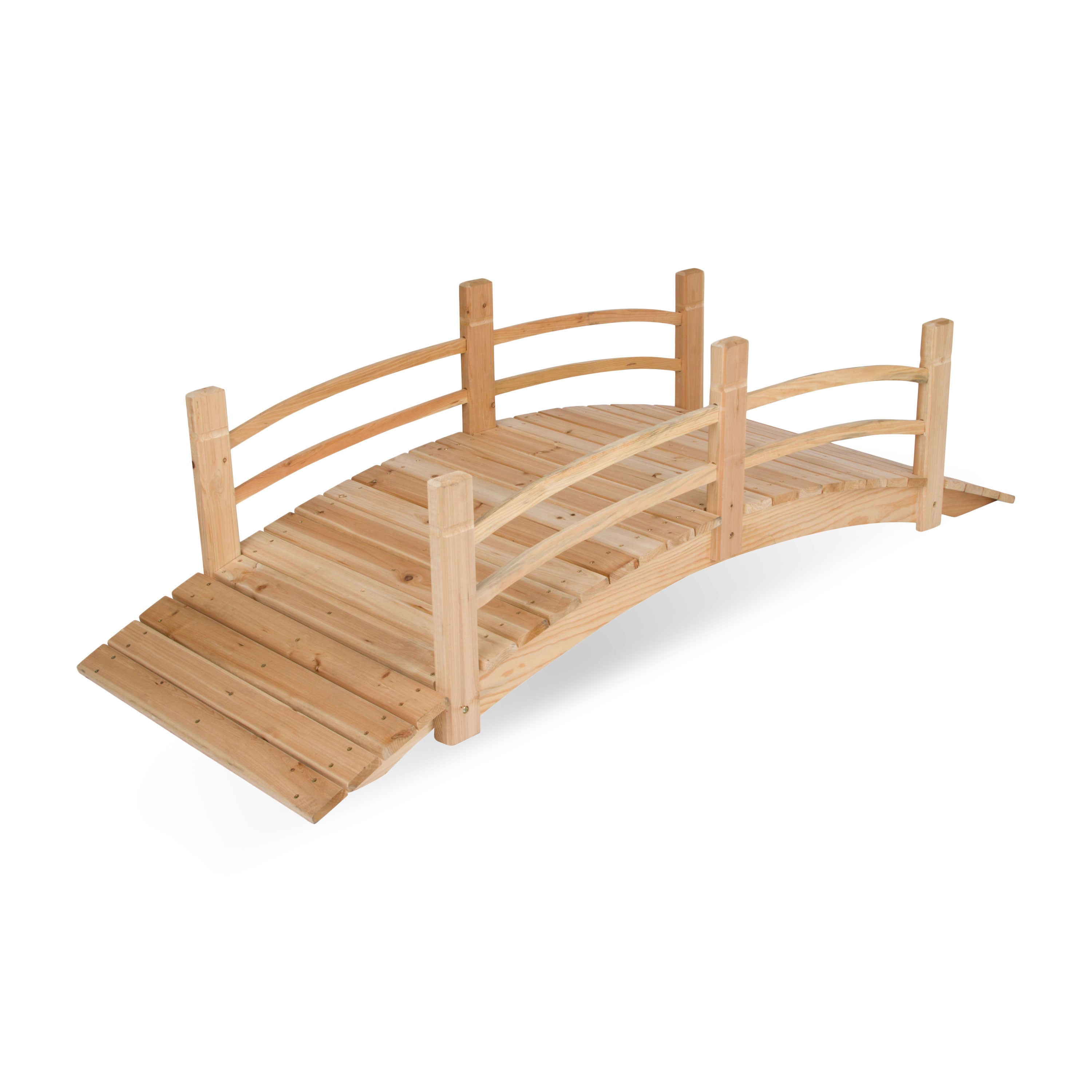 A 6ft long arched wooden garden bridge with a ramp and curved railings, shown on a plain white background.