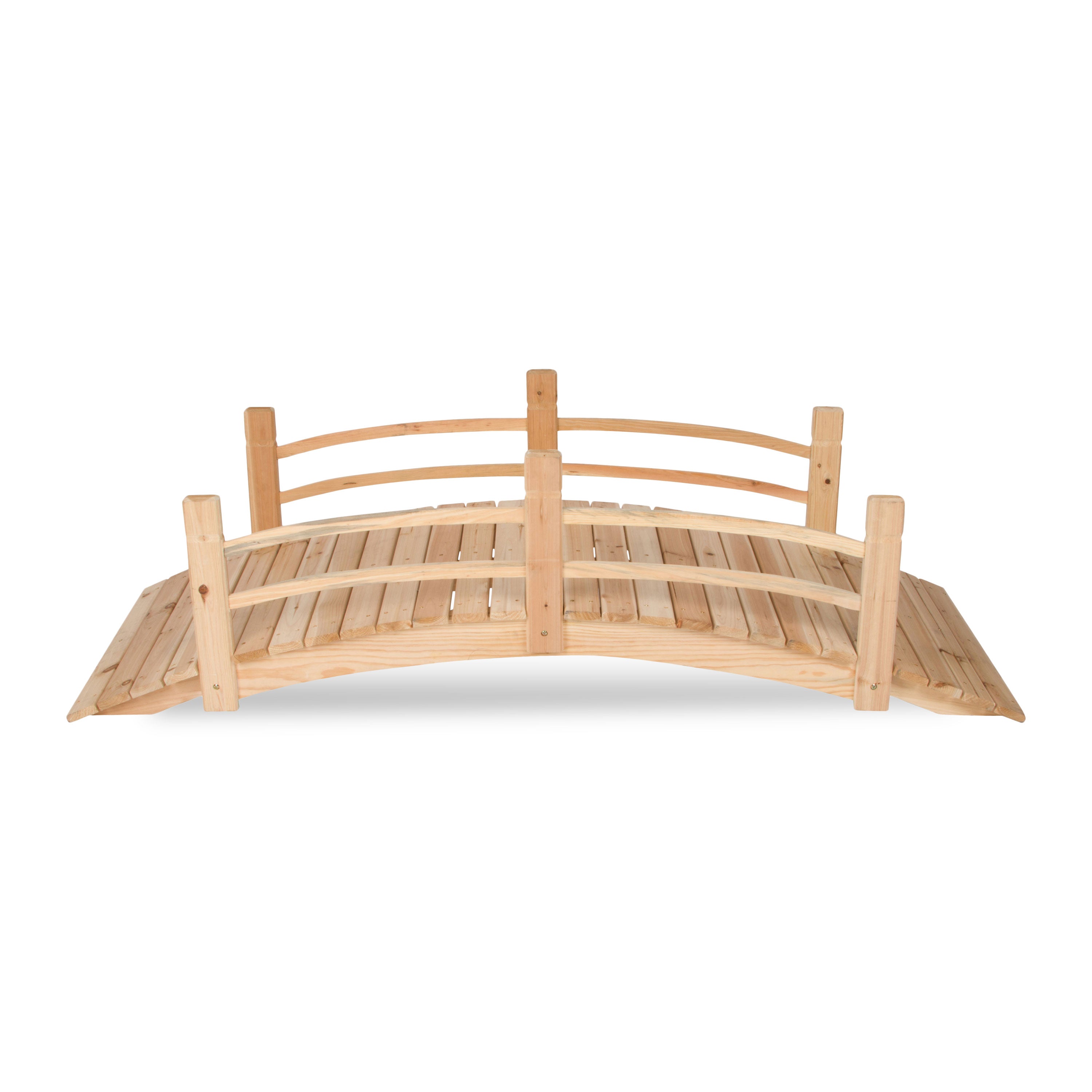 A 6ft long arched wooden garden bridge with a slatted deck and simple railings, shown on a plain white background.