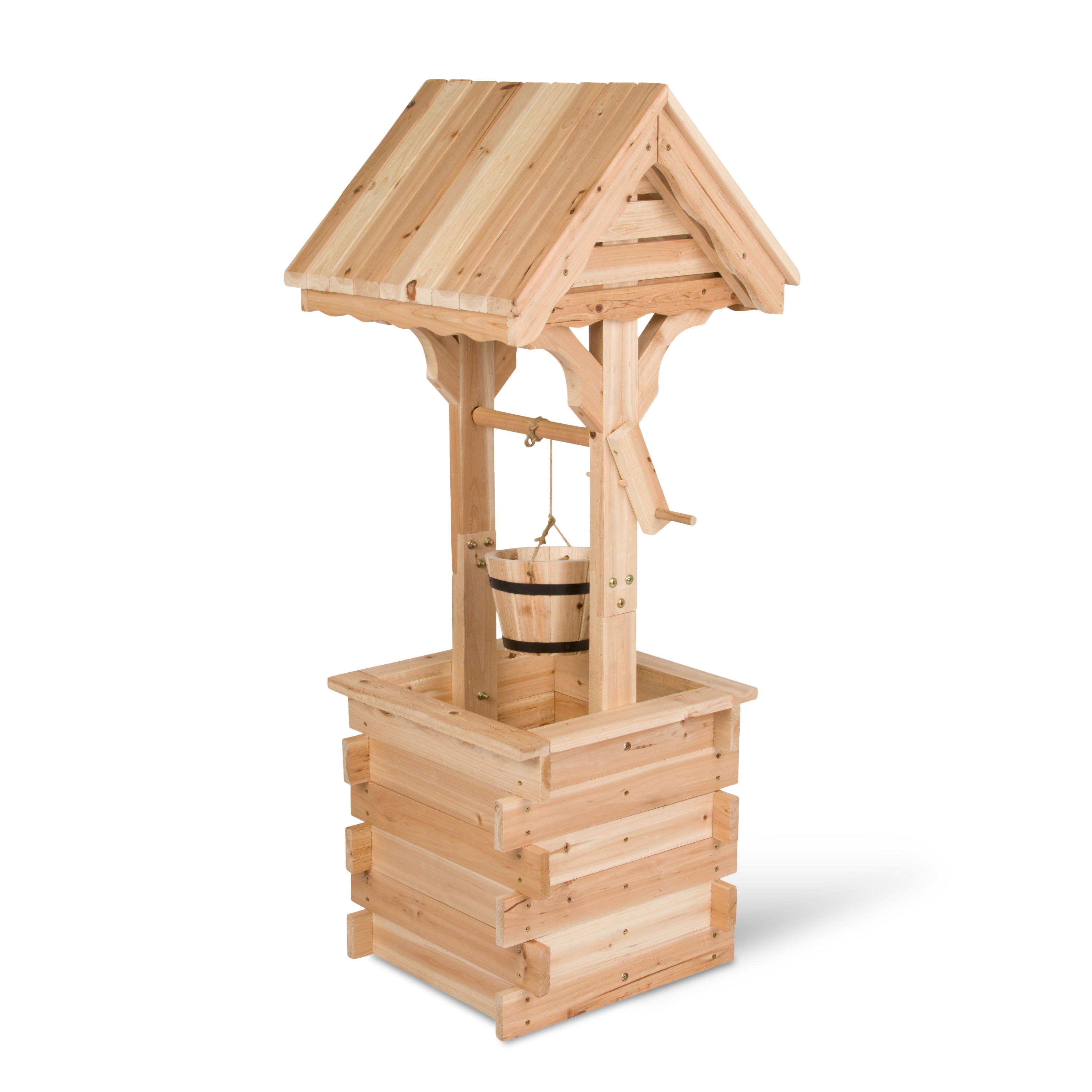 A small wooden well-shaped planter or decorative box with a slatted front, raised sides, and a gabled roof structure on a plain white background.