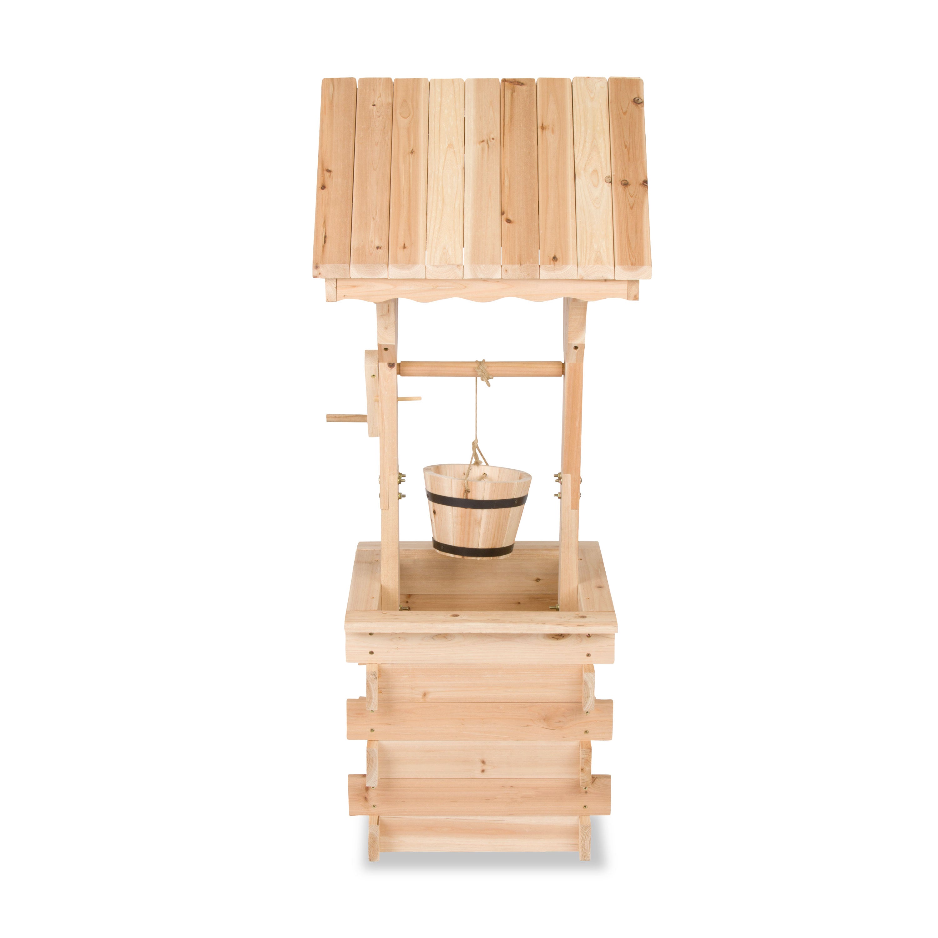 A miniature wooden well toy or decorative miniature featuring a light natural wood finish, complete with a slatted roof, hanging bucket, and tiered base, shown against a plain white background.