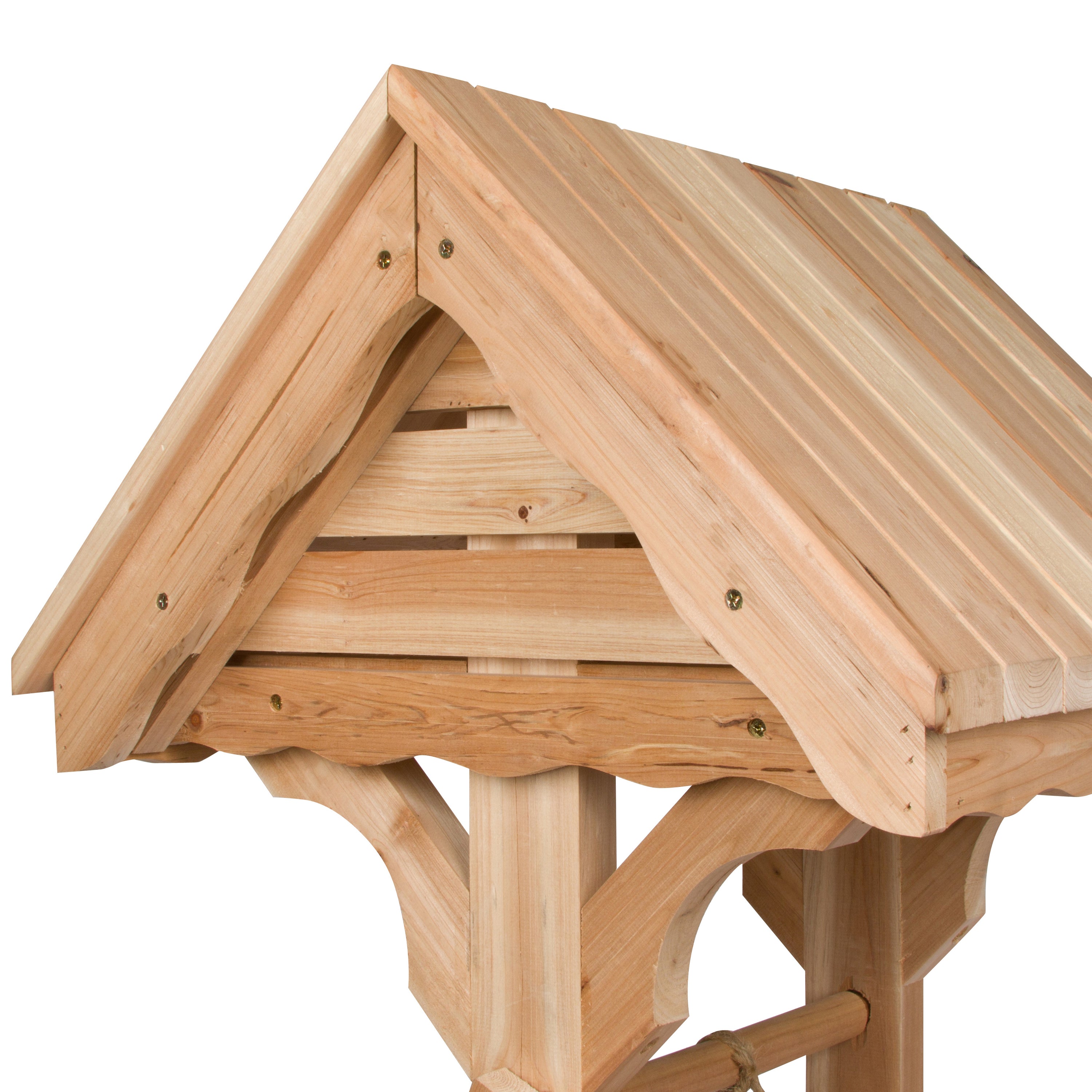 Close-up of a natural wood structure with a slatted triangular roof and decorative support beams on a white background.