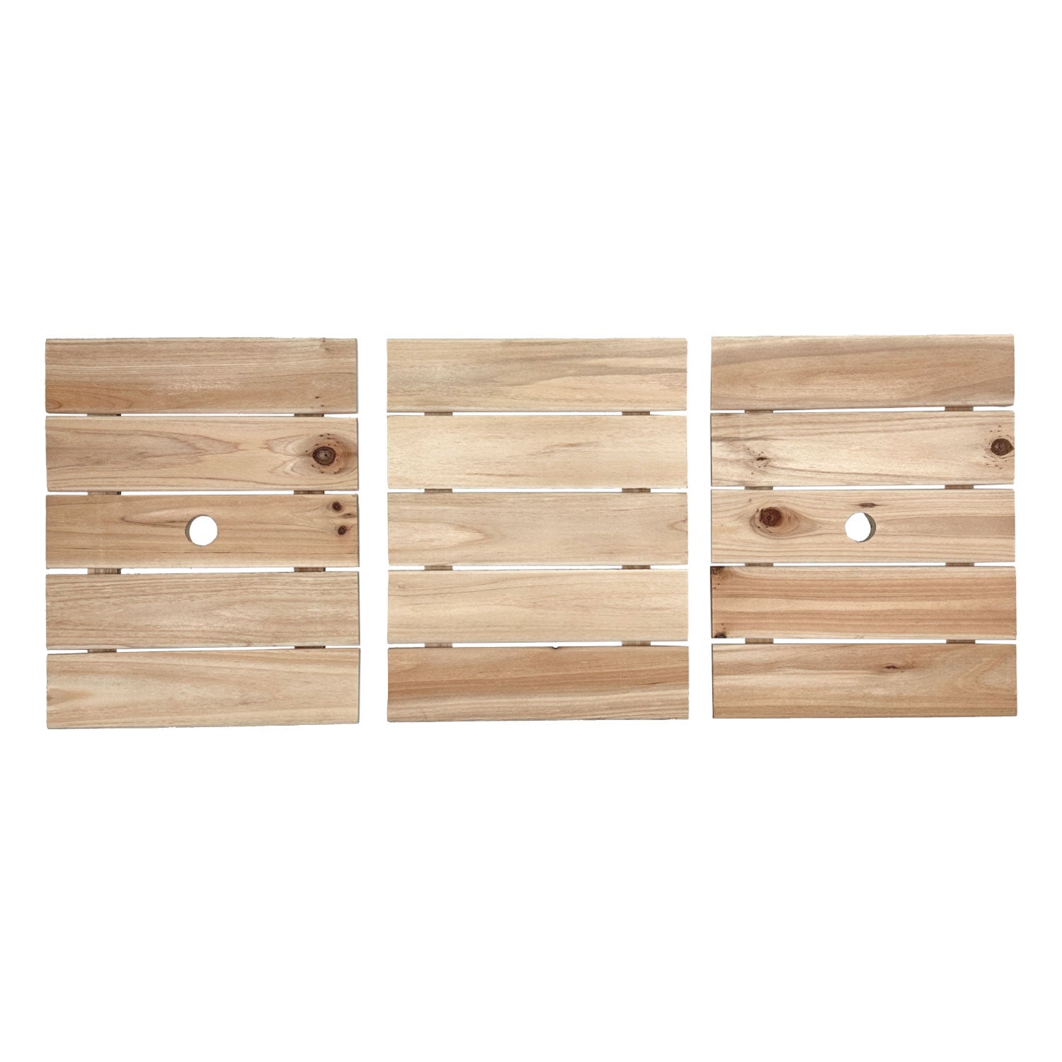 Three rectangular natural wood slat panels with circular cutouts, arranged side by side on a plain white background.