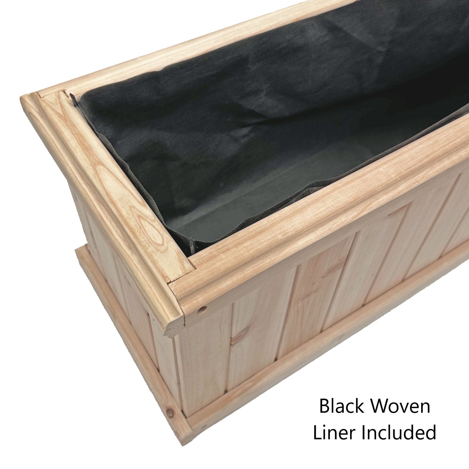 A wooden planter box with a black woven liner inside, shown on a white background with text that reads &
