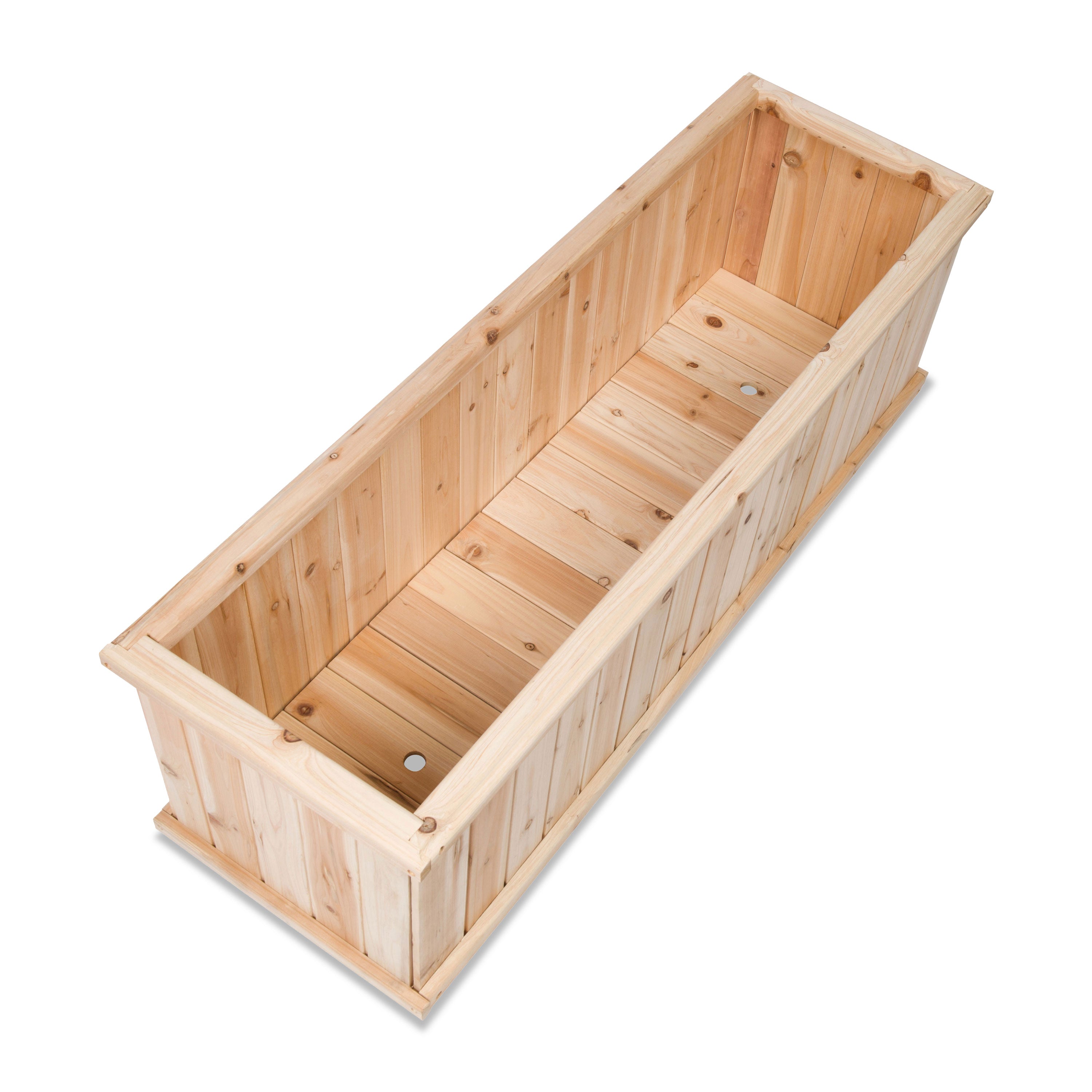 A rectangular wooden planter box made from light natural wood planks, shown from an elevated angle on a plain white background.