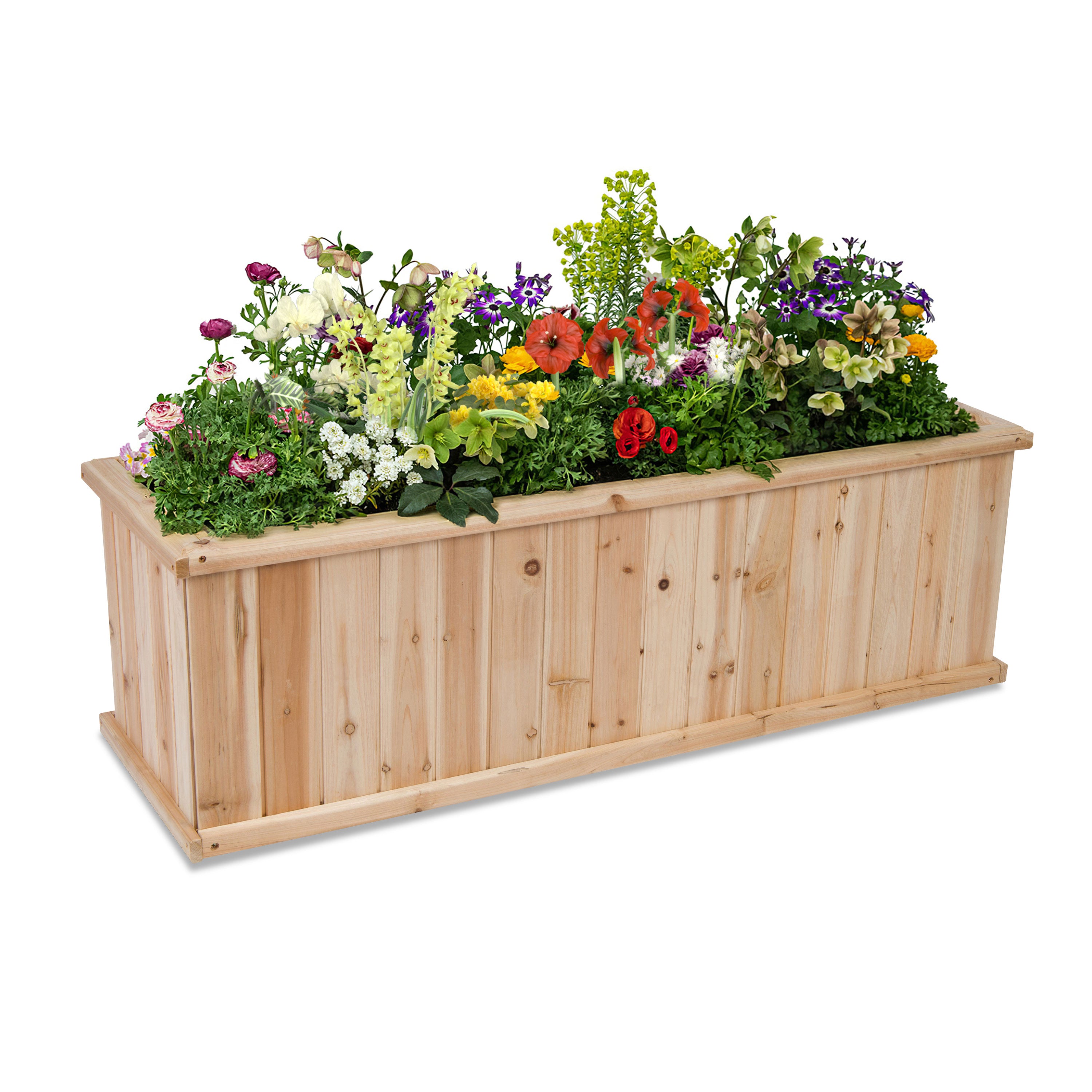 A long rectangular wooden planter box filled with a colorful assortment of artificial flowers and green foliage, shown on a plain white background.