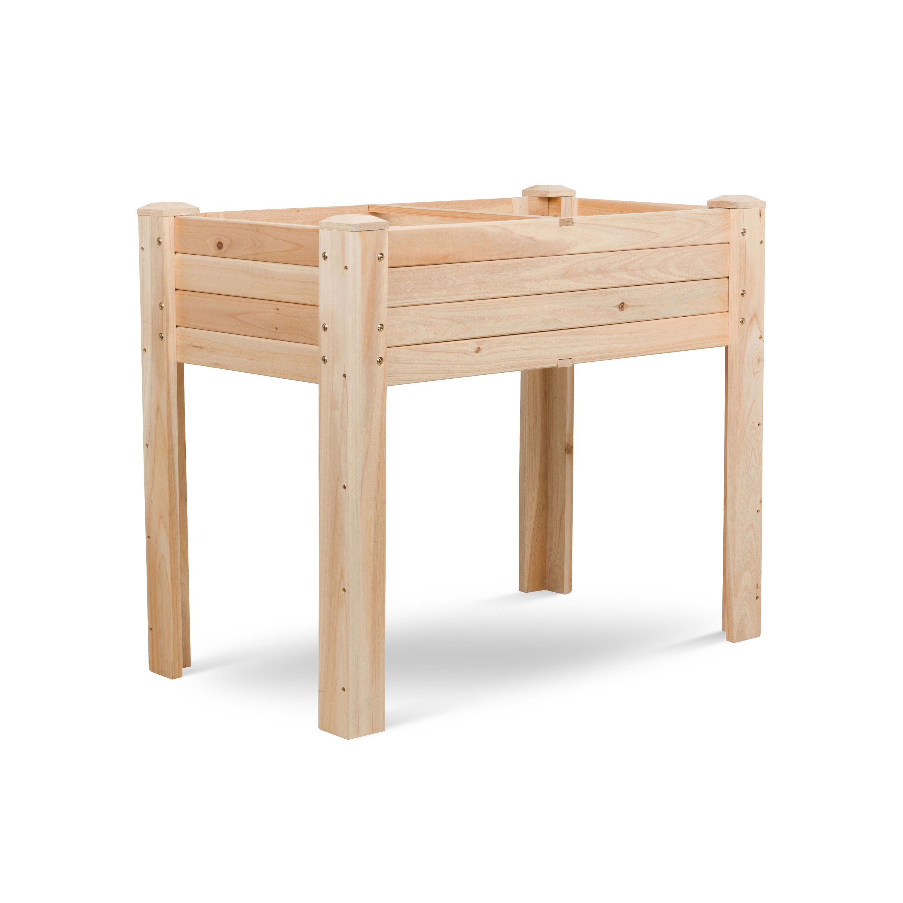 A light natural wood raised garden bed with a slatted front and four sturdy legs, shown on a clean white background.