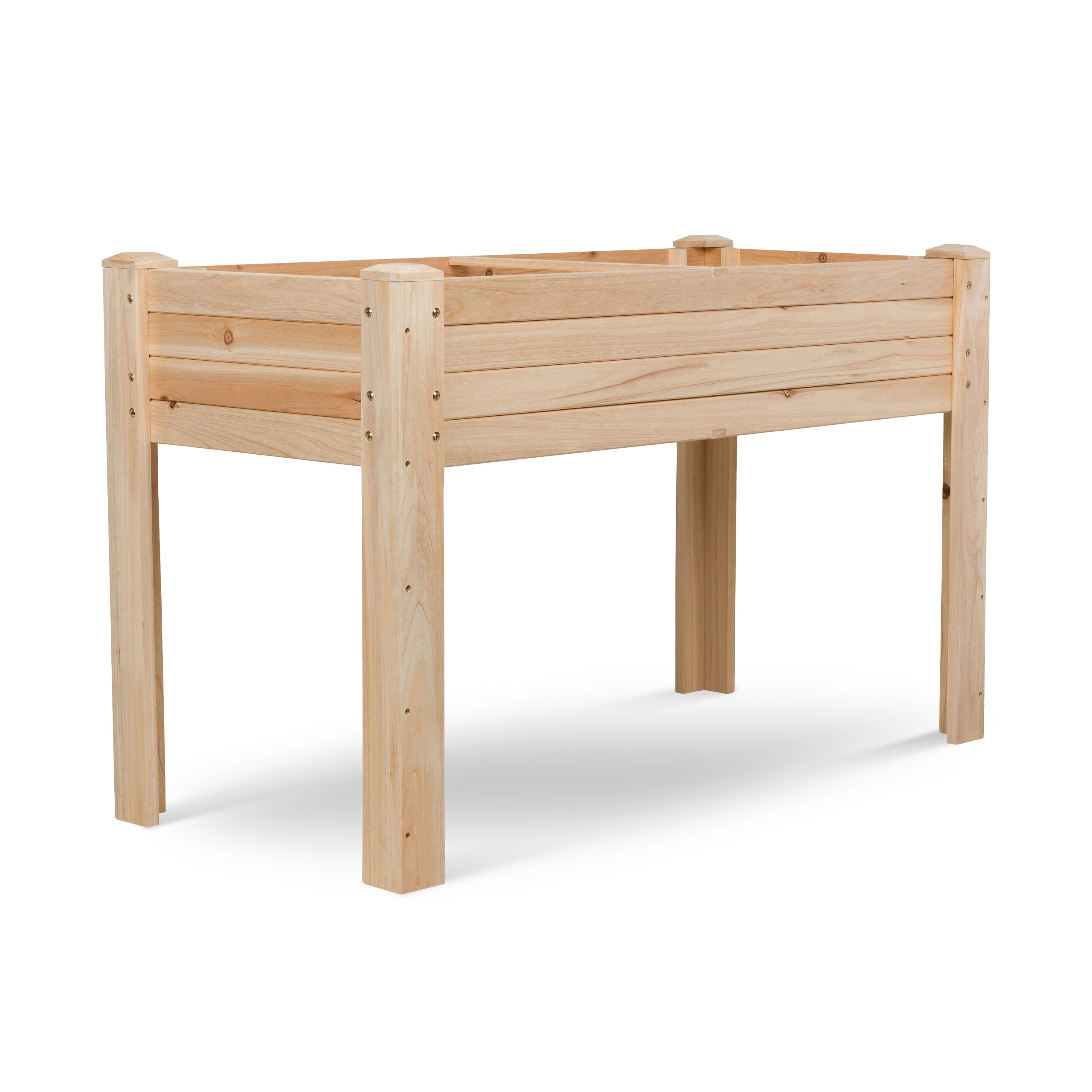 A natural light wood raised garden bed with a slatted front and side panels, shown on a clean white background.