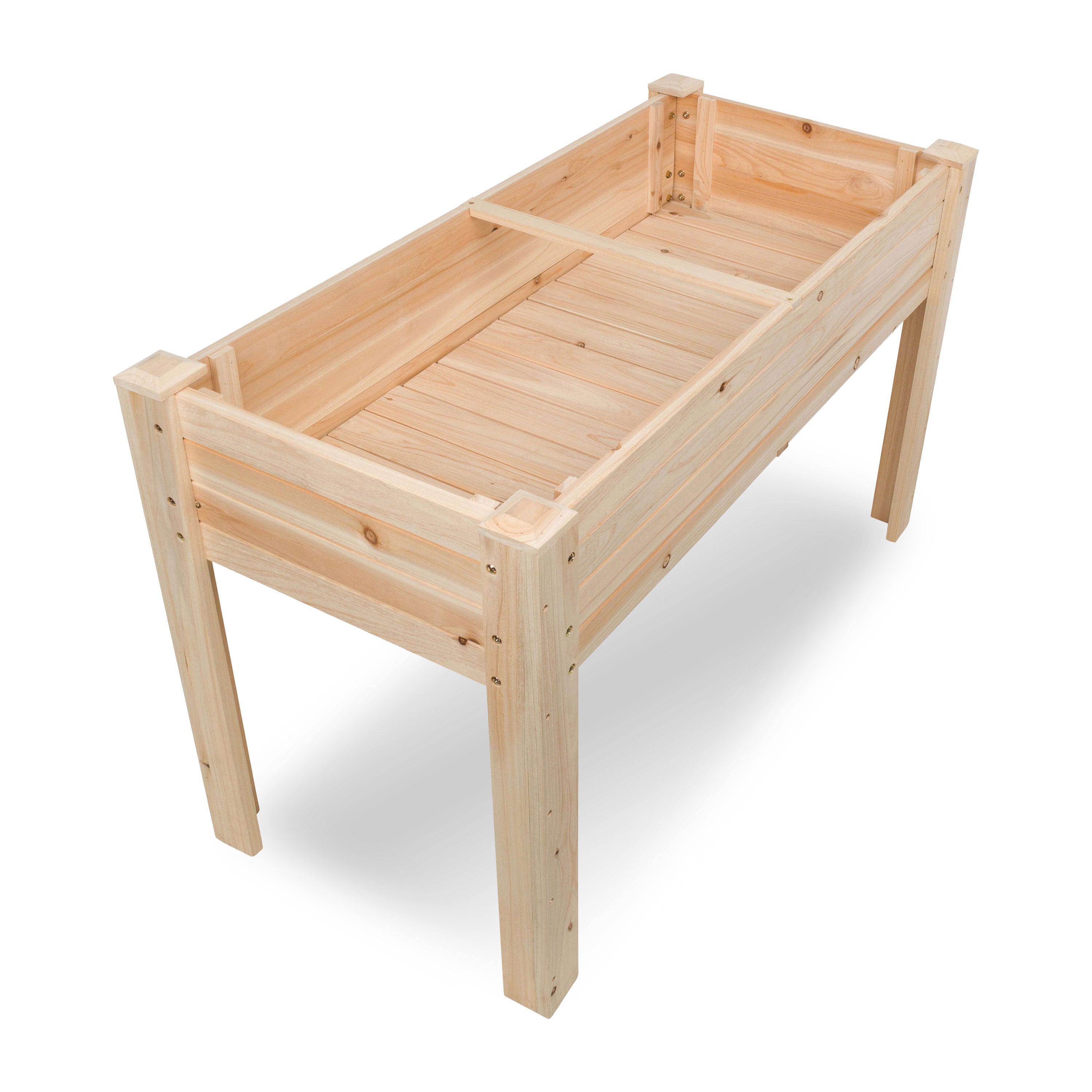 A light natural wood raised garden bed with a slatted bottom and sturdy legs, shown at an angle on a white background.