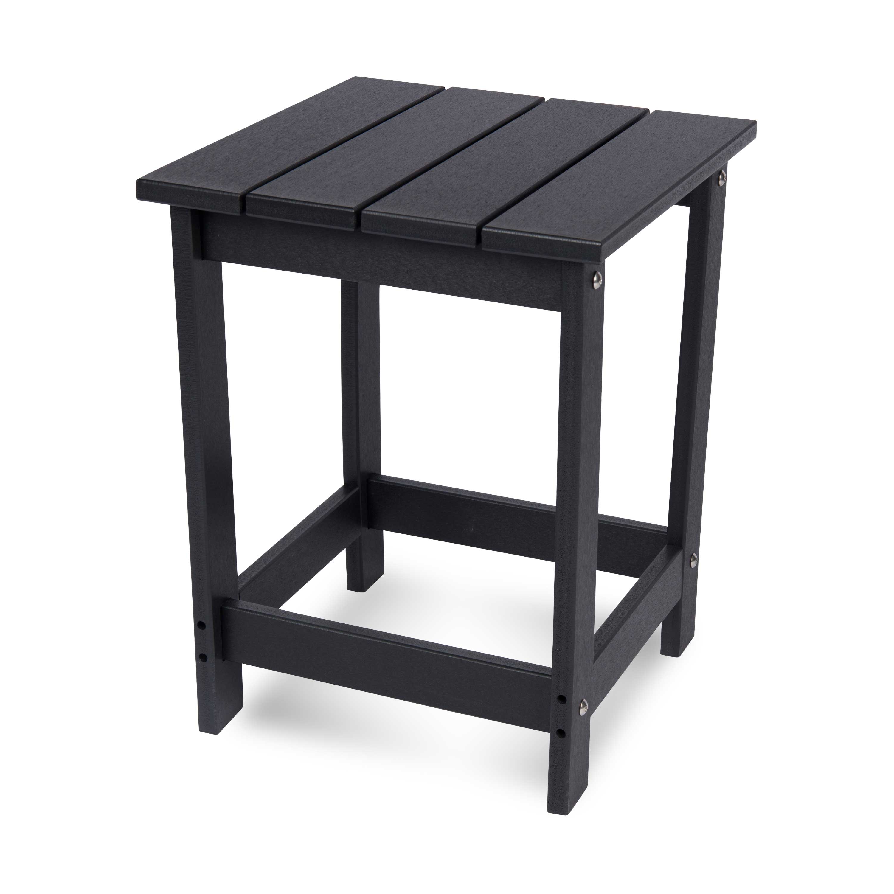 A black outdoor side table with a slatted top and four legs, shown on a clean white background.