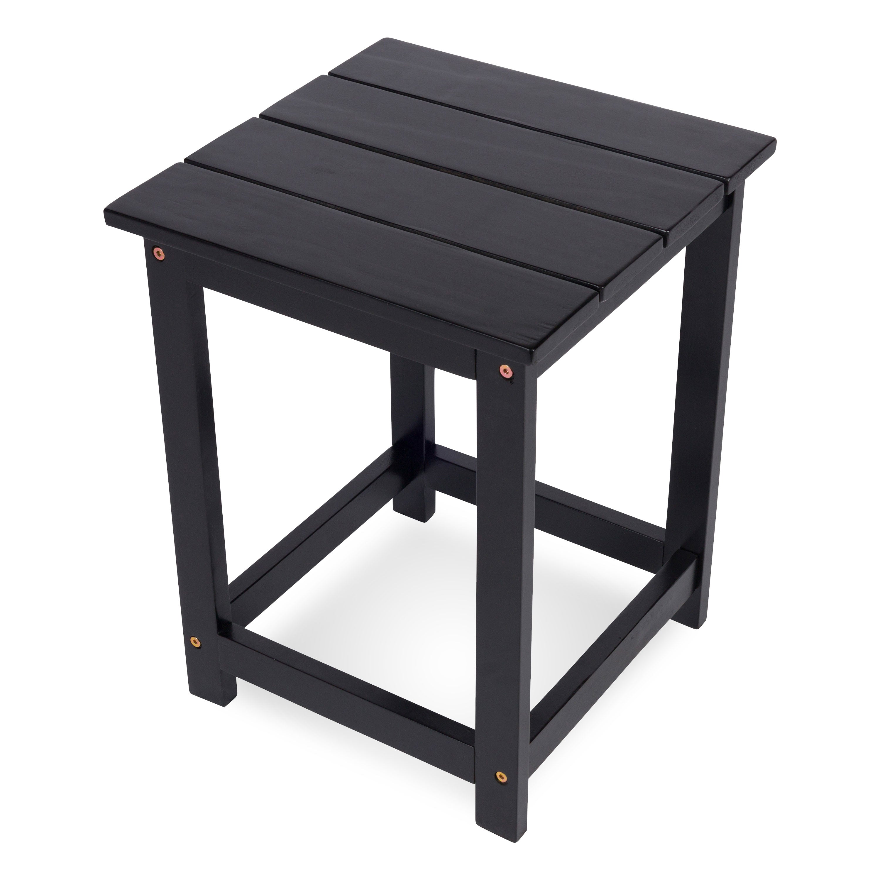 A black slatted wooden side table or stool with a slatted top and open frame legs, shown on a plain white background.