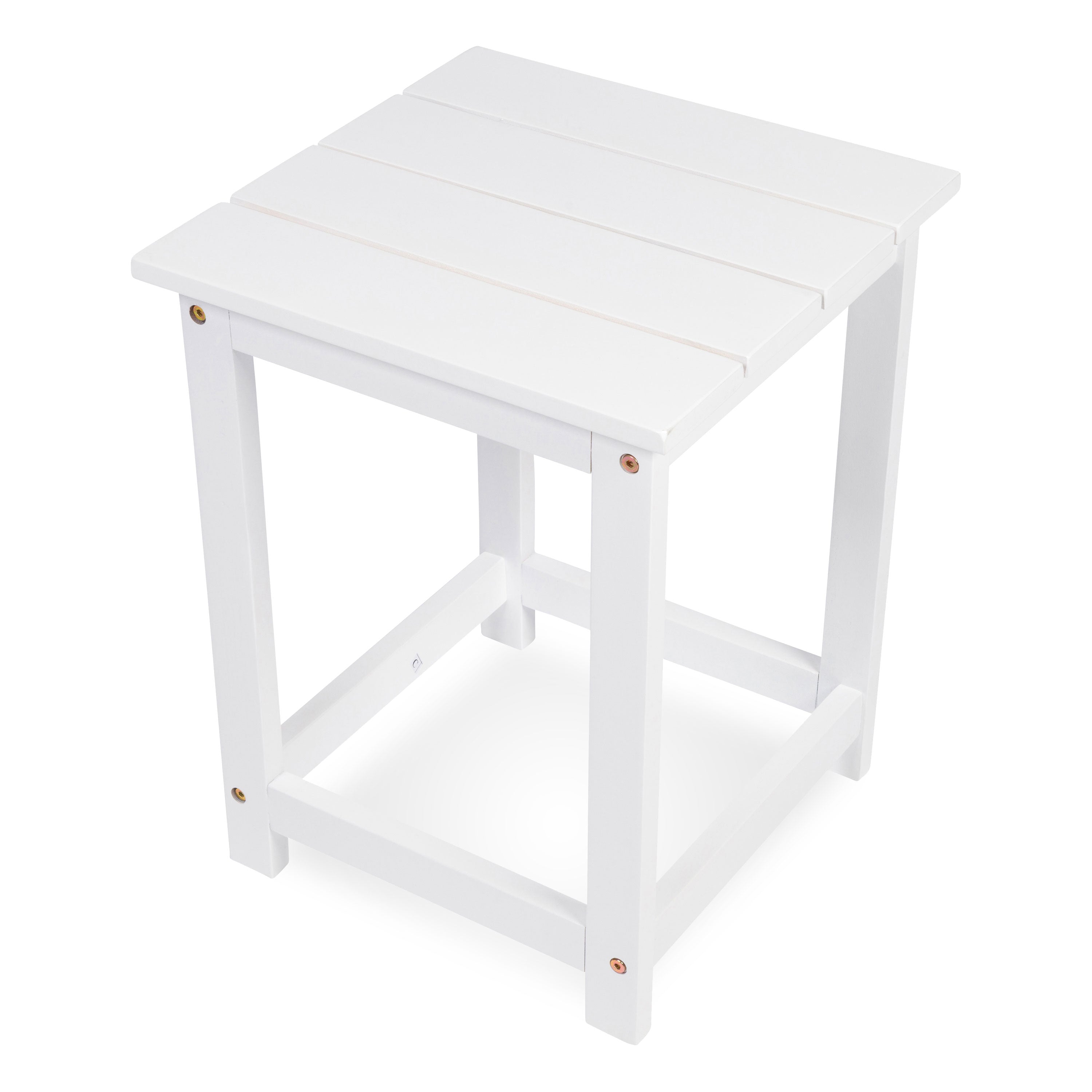 A white slatted square side table or stool with a sturdy frame and small brass-colored corner and leg hardware, shown on a plain white background.