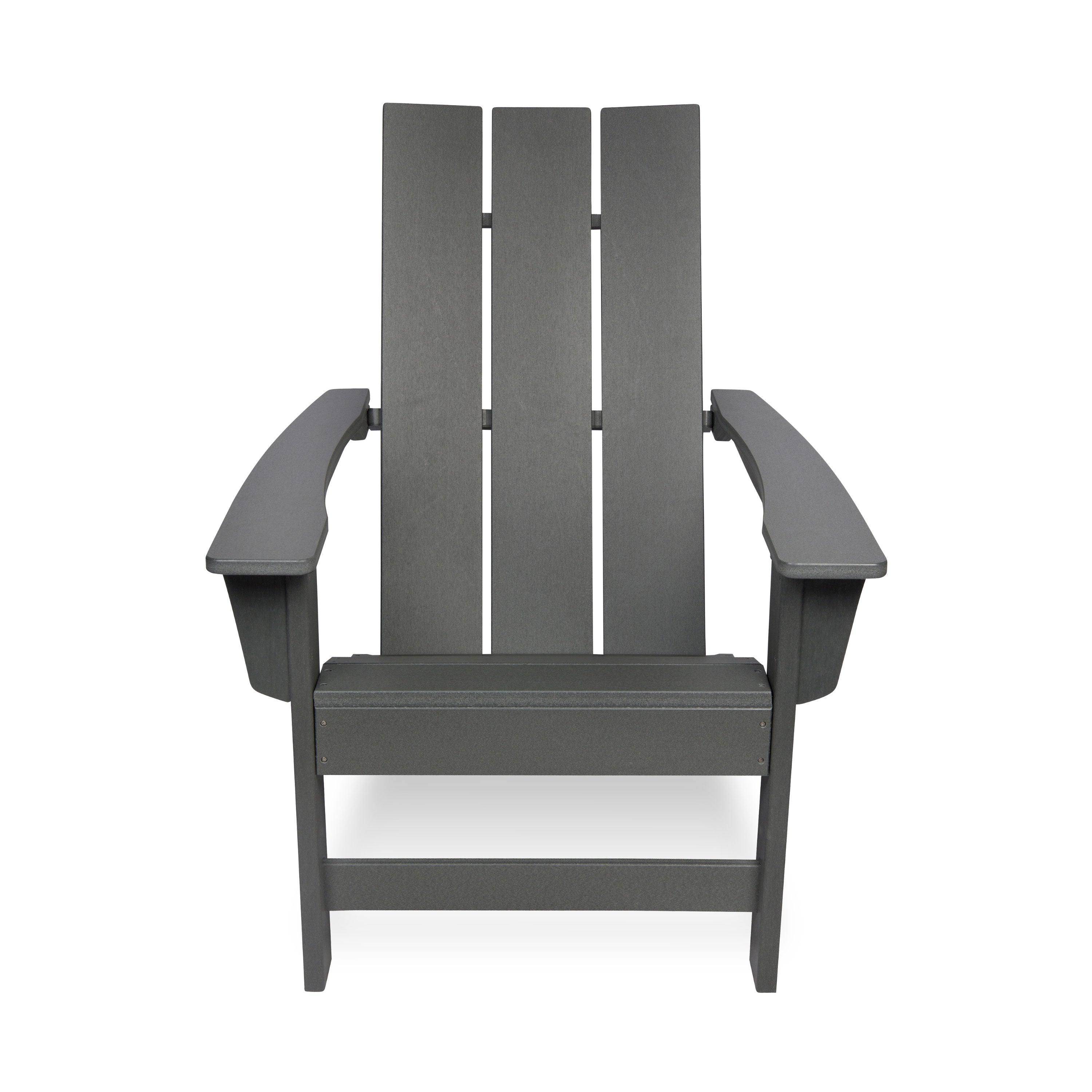 A dark gray Adirondack-style outdoor chair with a high slatted back, wide armrests, and a seat, shown against a plain white background.