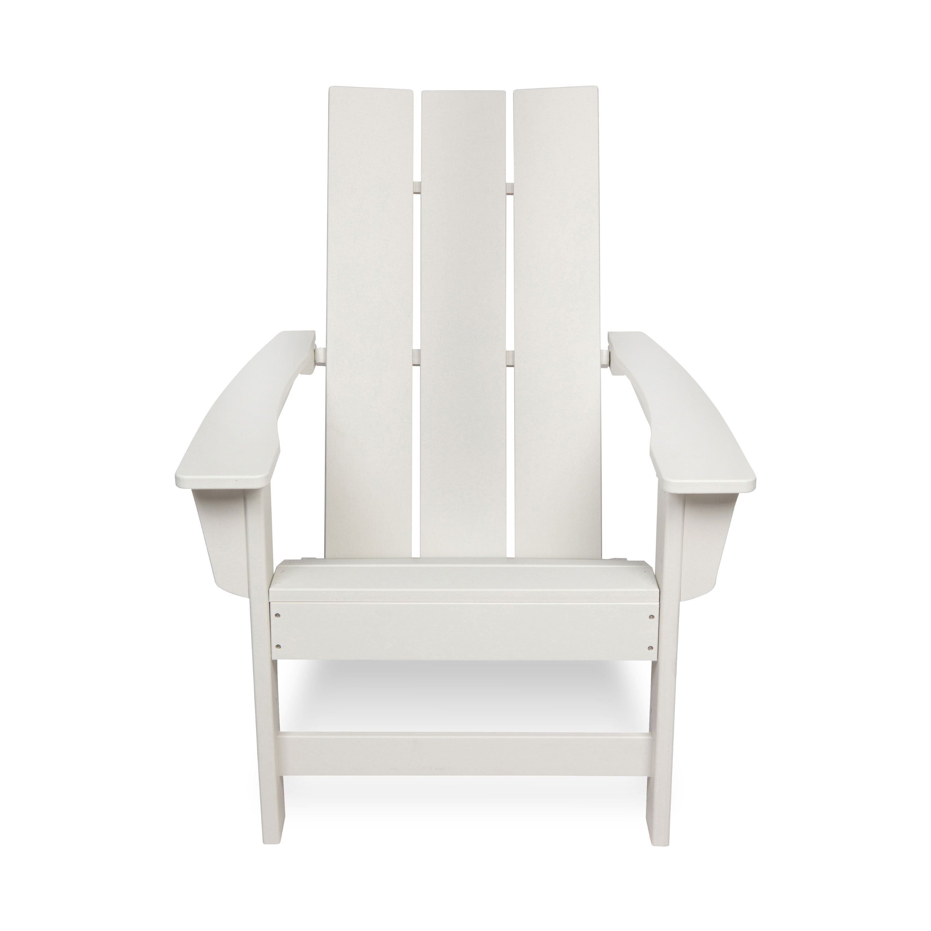 A white Adirondack-style outdoor chair with a high slatted back, wide armrests, and a seat panel, shown against a plain white background.