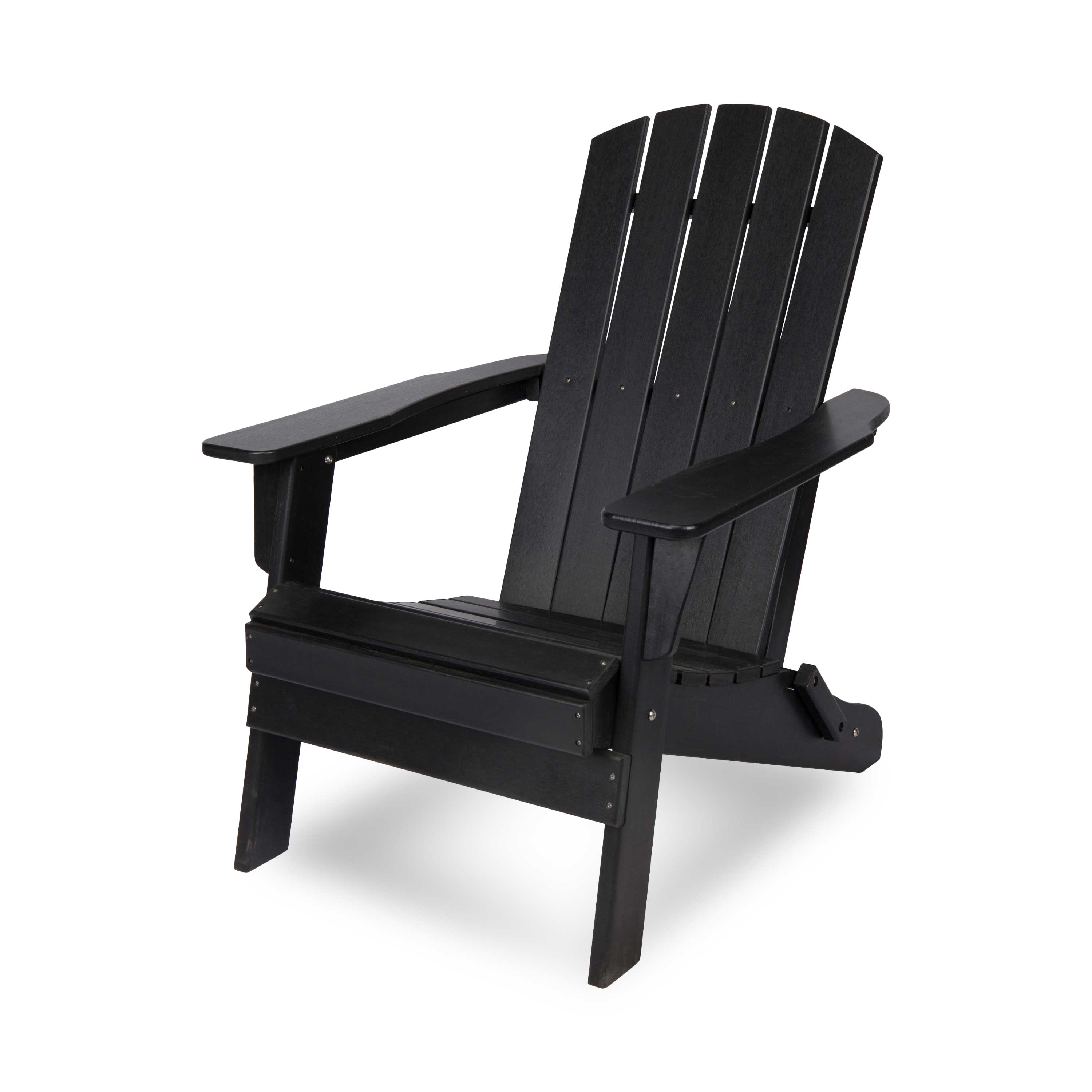 A black slatted Adirondack-style outdoor chair shown at a three-quarter angle on a clean white background.
