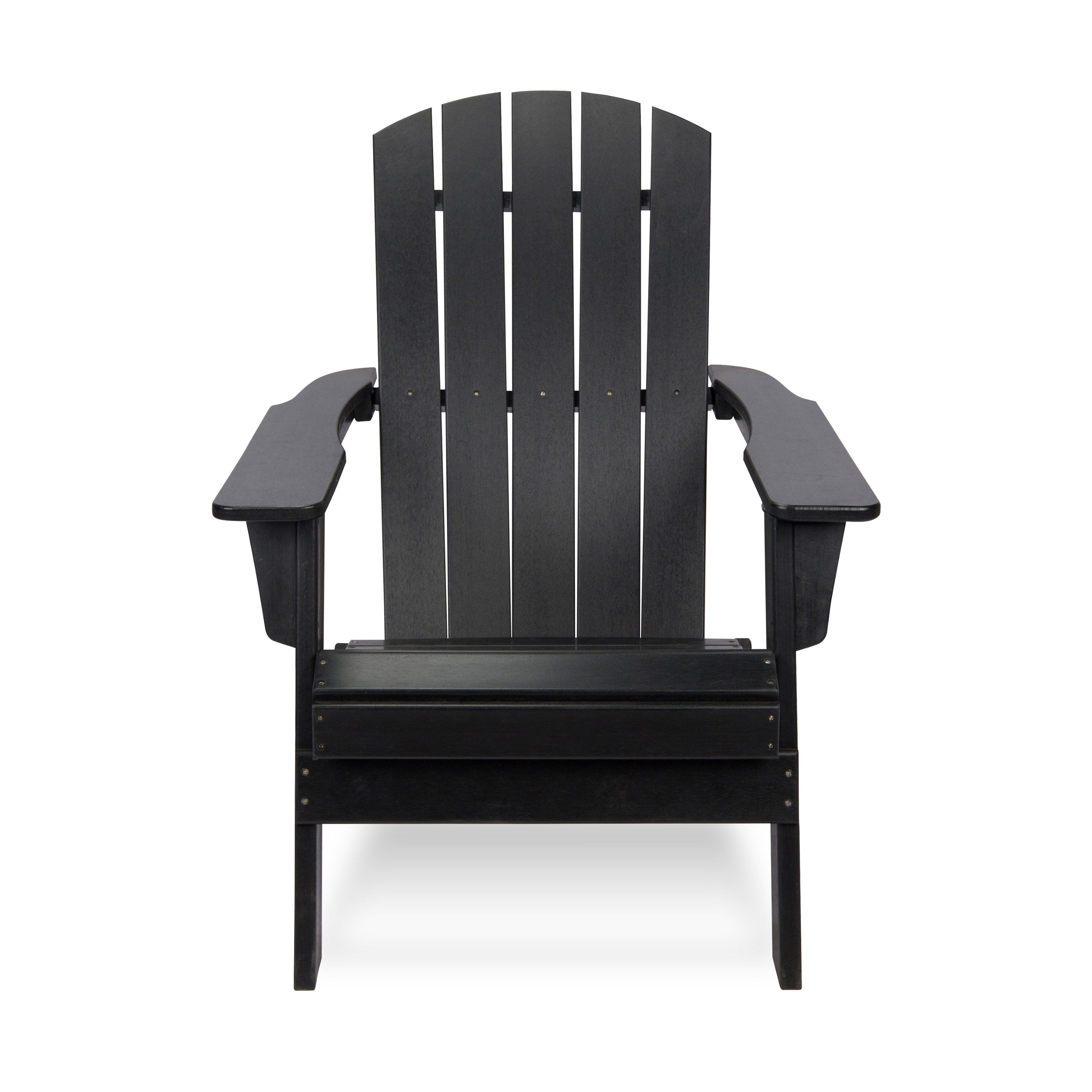 A black Adirondack-style outdoor chair with a high slatted back, wide armrests, and a seat, shown against a plain white background.