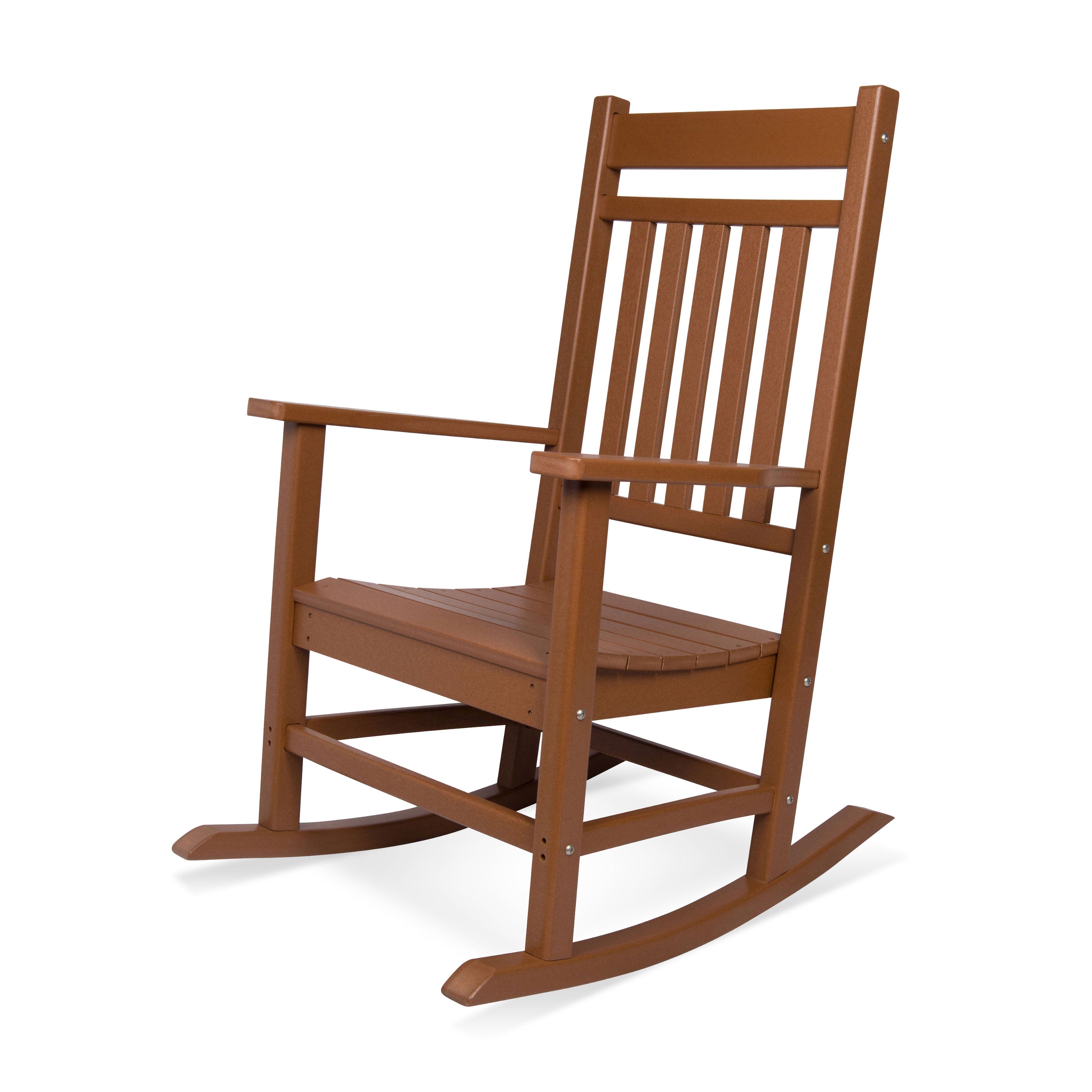 A classic plastic rocking chair with a warm brown finish, featuring a slatted backrest, armrests, and curved rockers, shown on a plain white background.