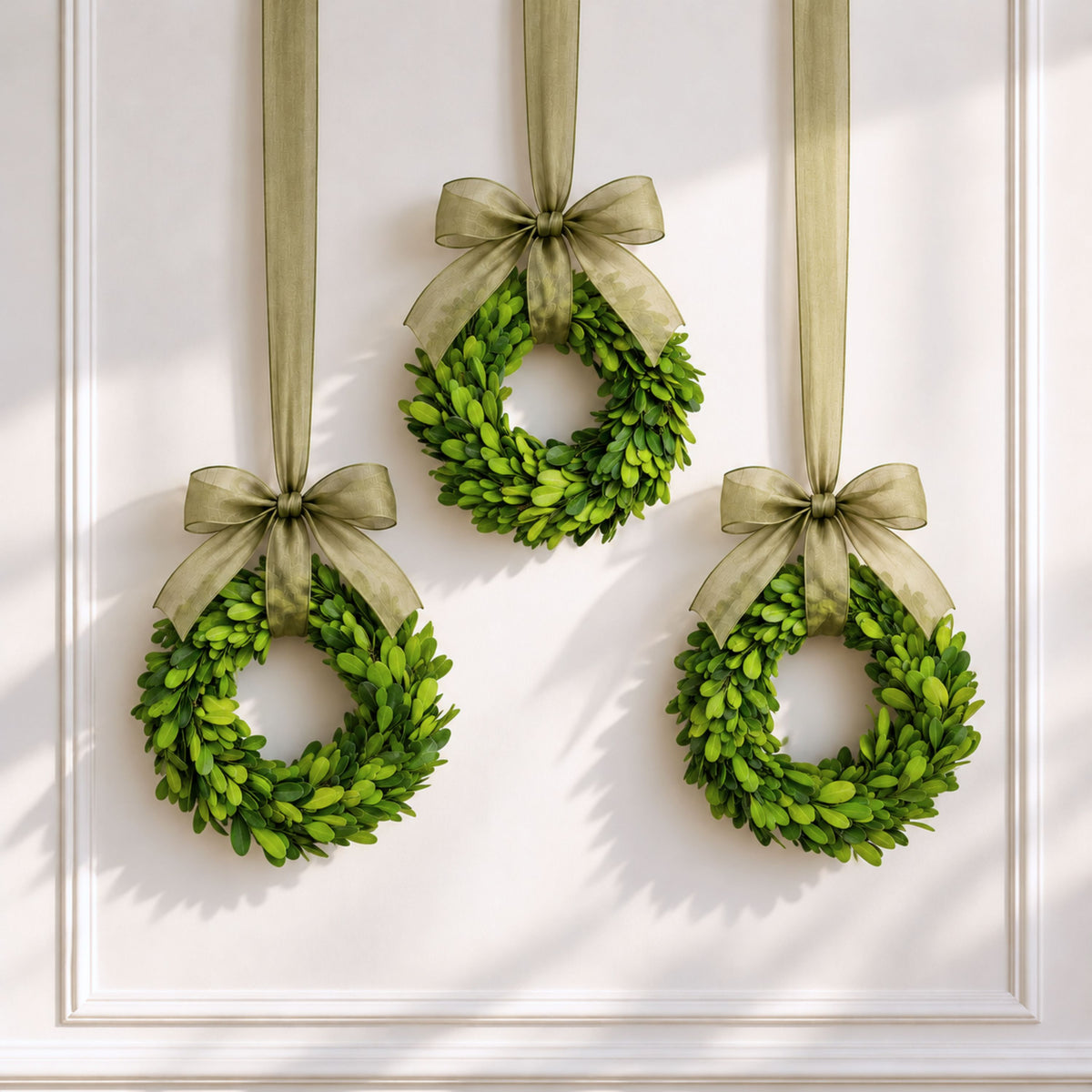 Three real preserved green boxwood wreaths hanging from a white paneled wall, each tied with a wide sage green ribbon bow.