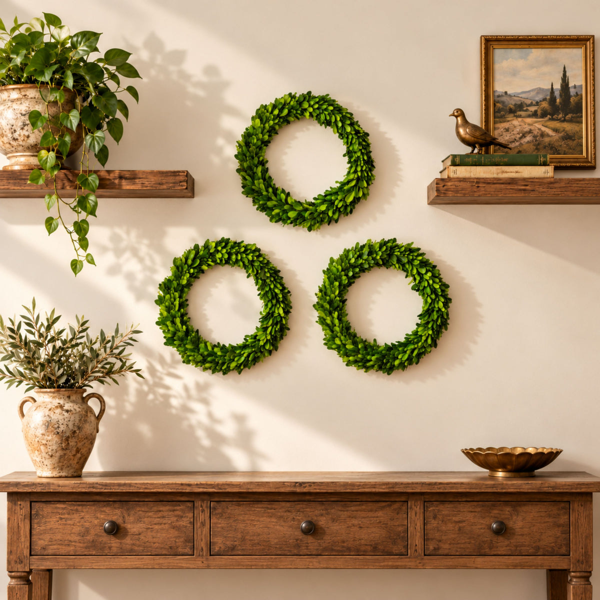 10" Preserved Boxwood Mini Ring Wreath, 3Pk