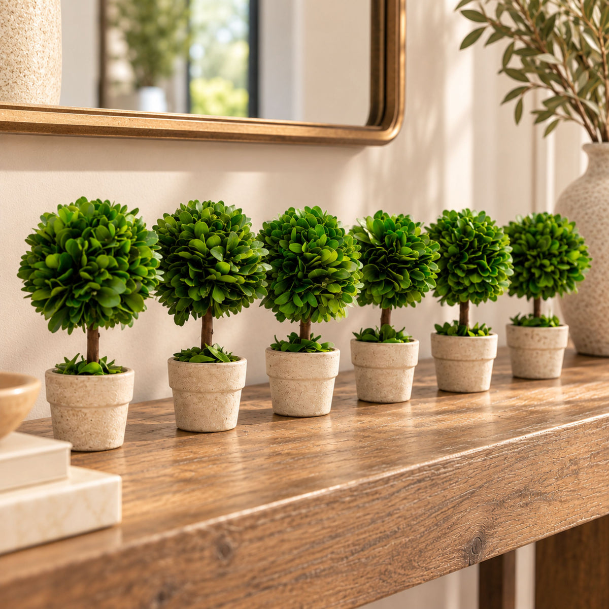Six small green real preserved boxwood topiary trees in beige pots lined up on a wooden console table in a styled interior setting.