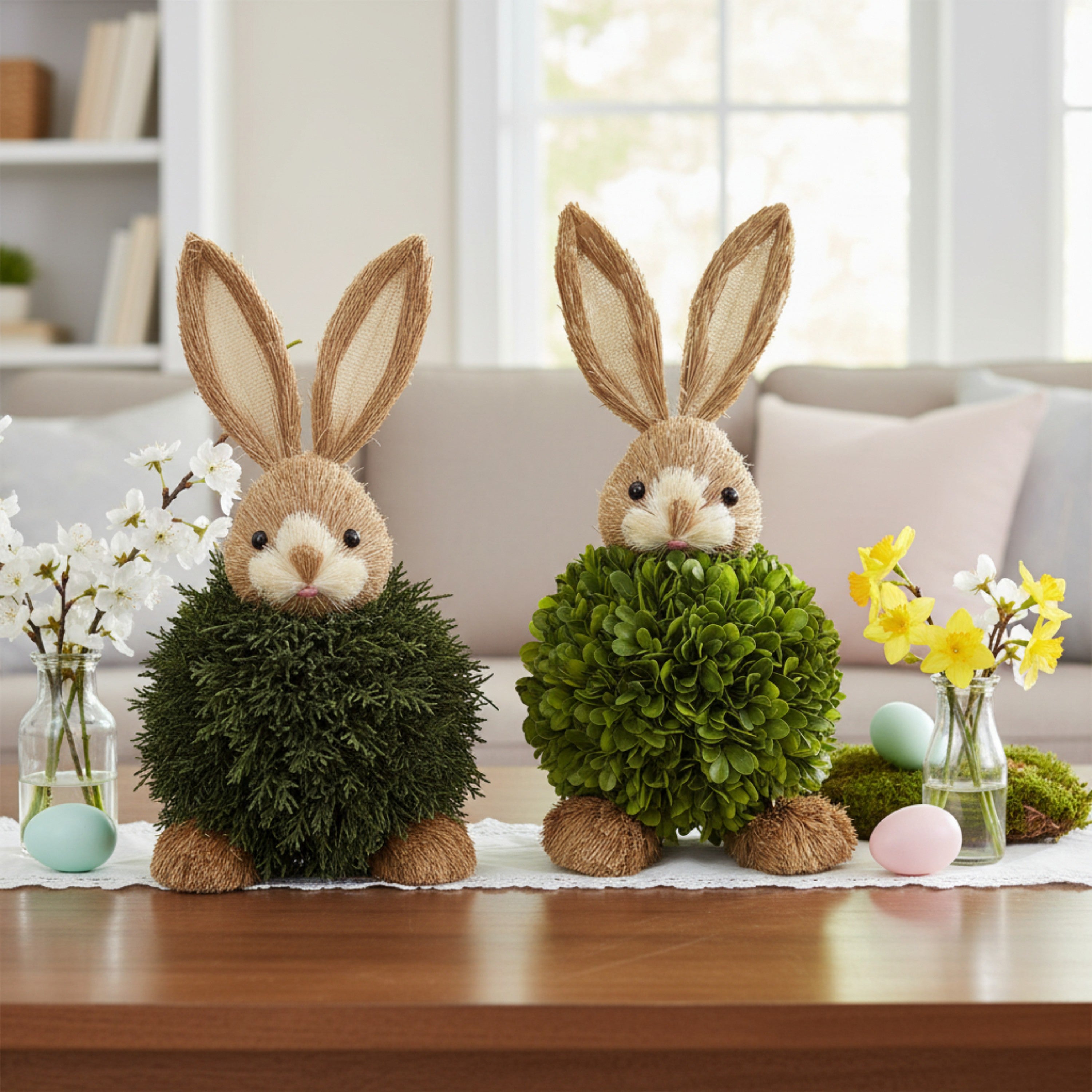Preserved Single-Ball Boxwood & Cypress Rabbit Shaped Topiary Décor Set of 2