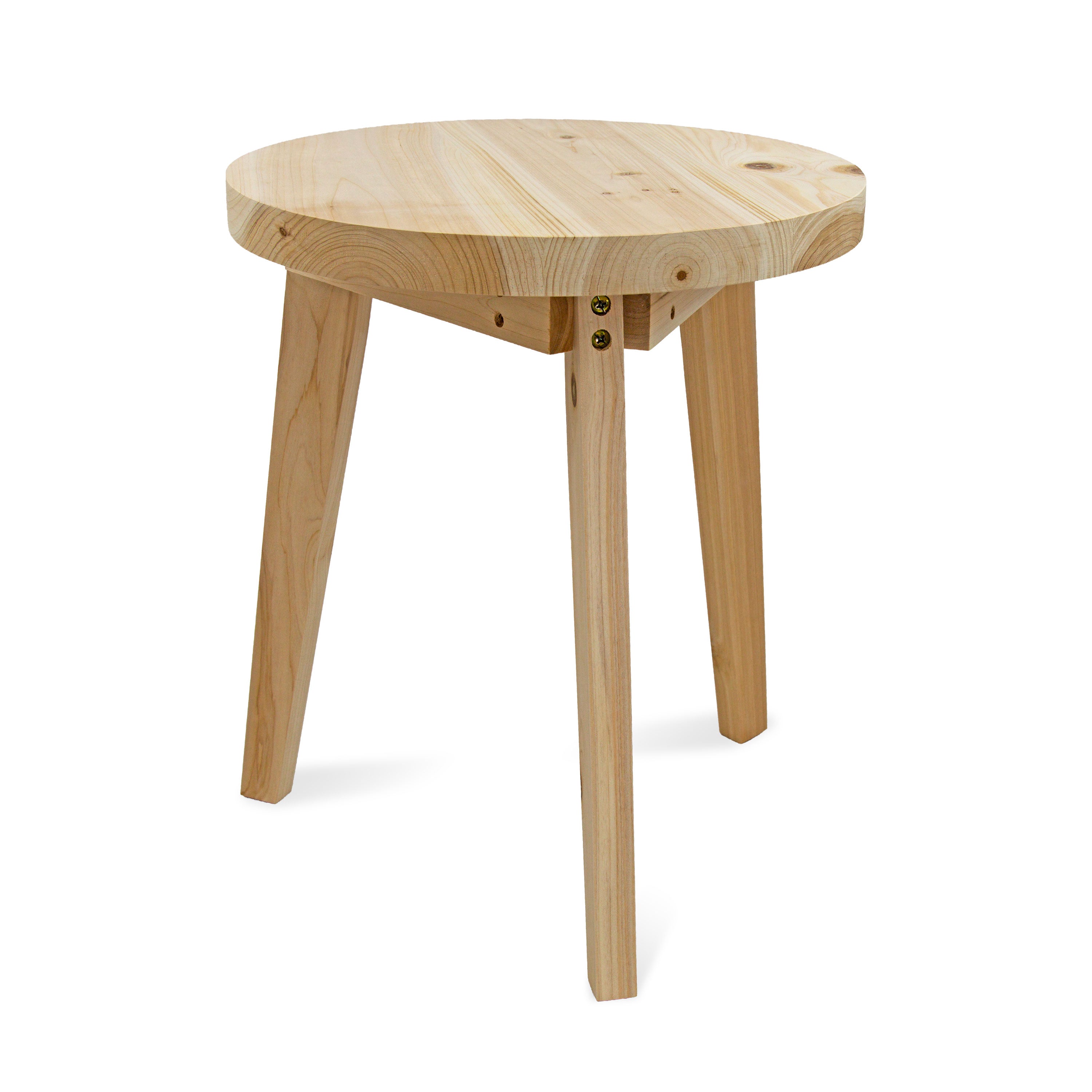 Natural cedar wood round side table with a three-legged design.