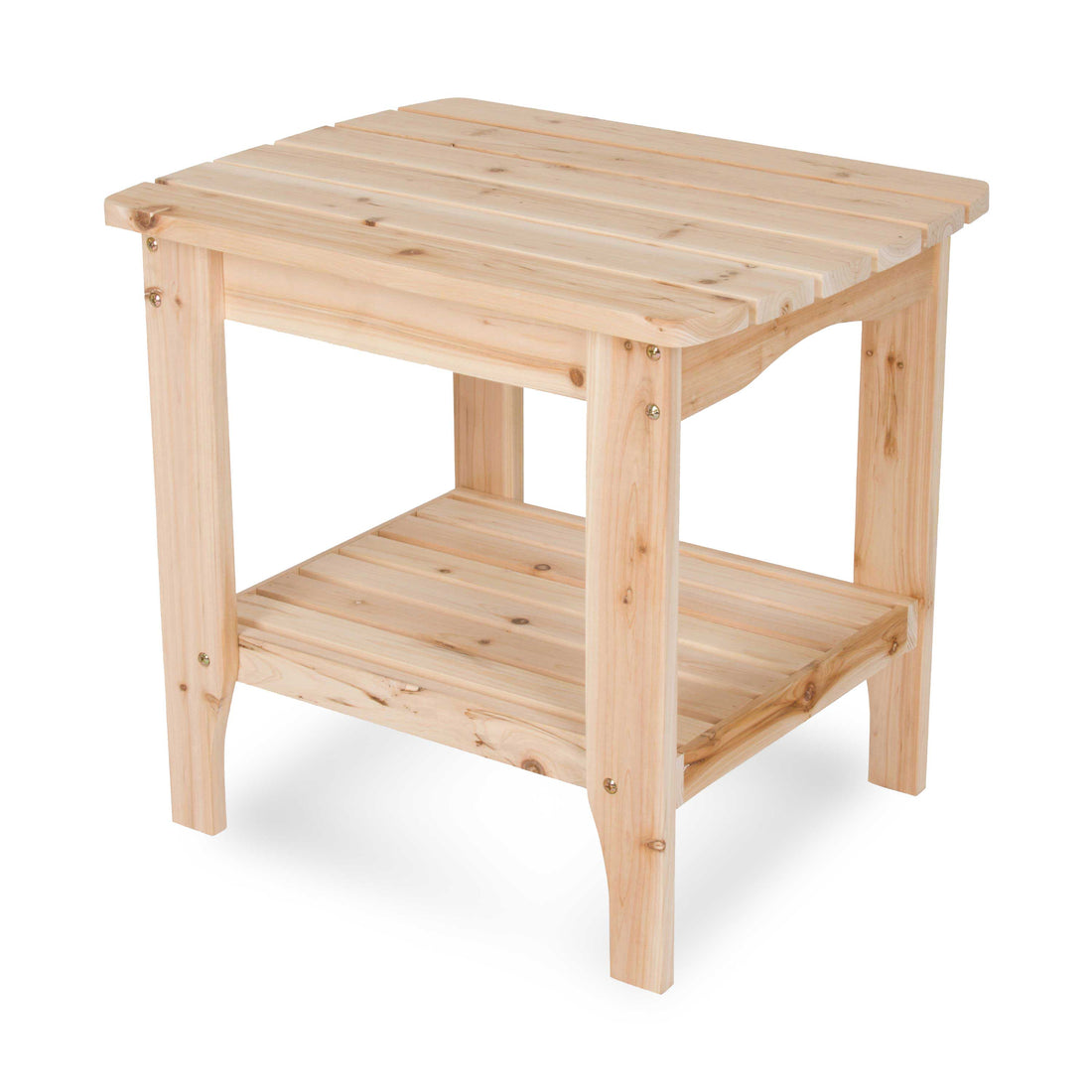 A natural cedar wood two-tier rectangular side table with a slatted top and shelf. 