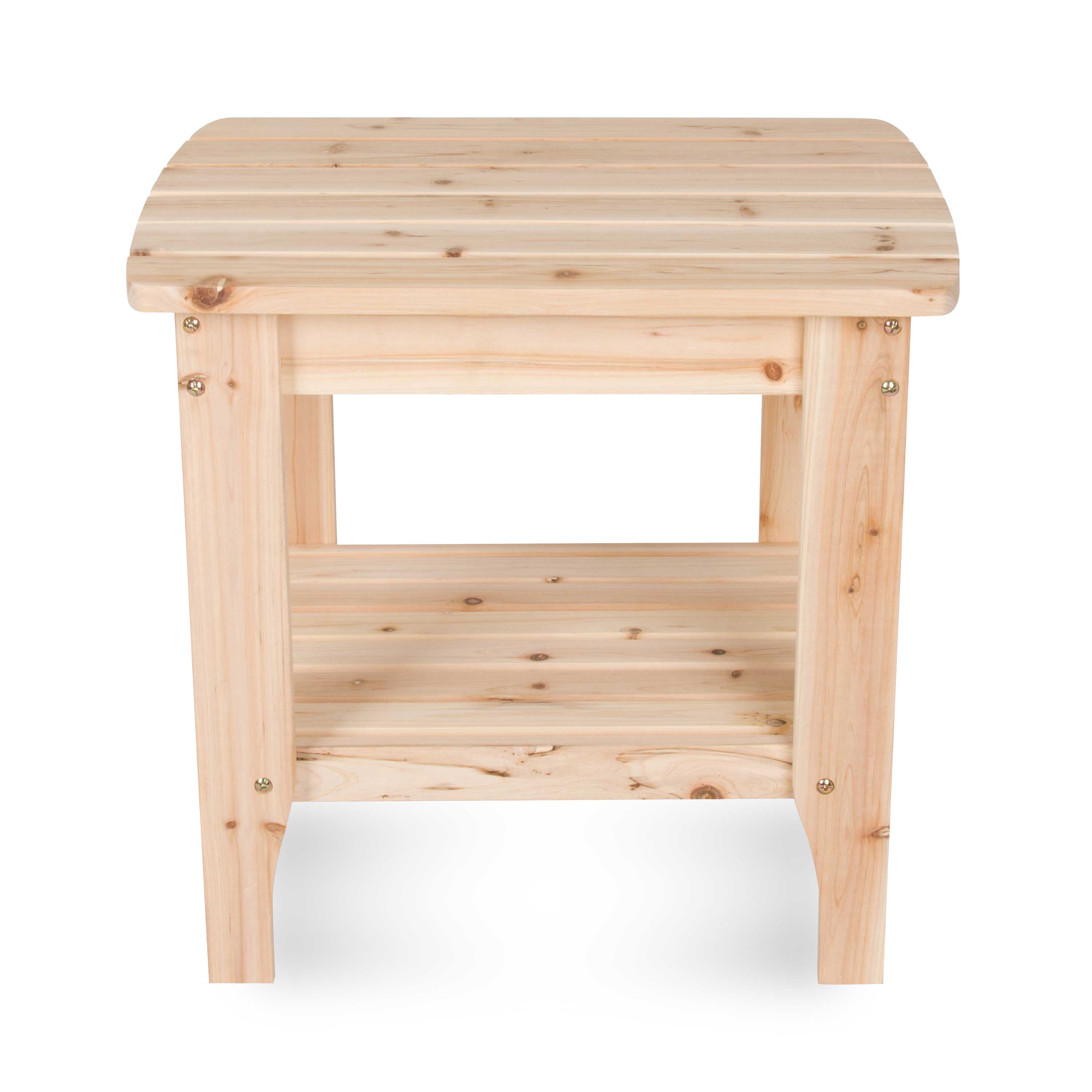 A natural cedar wood two-tier rectangular side table with a slatted top and shelf. 