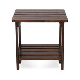 A square wooden side table with a dark brown finish, featuring a top slatted surface, a lower slatted shelf, and four legs, shown against a plain white background. 