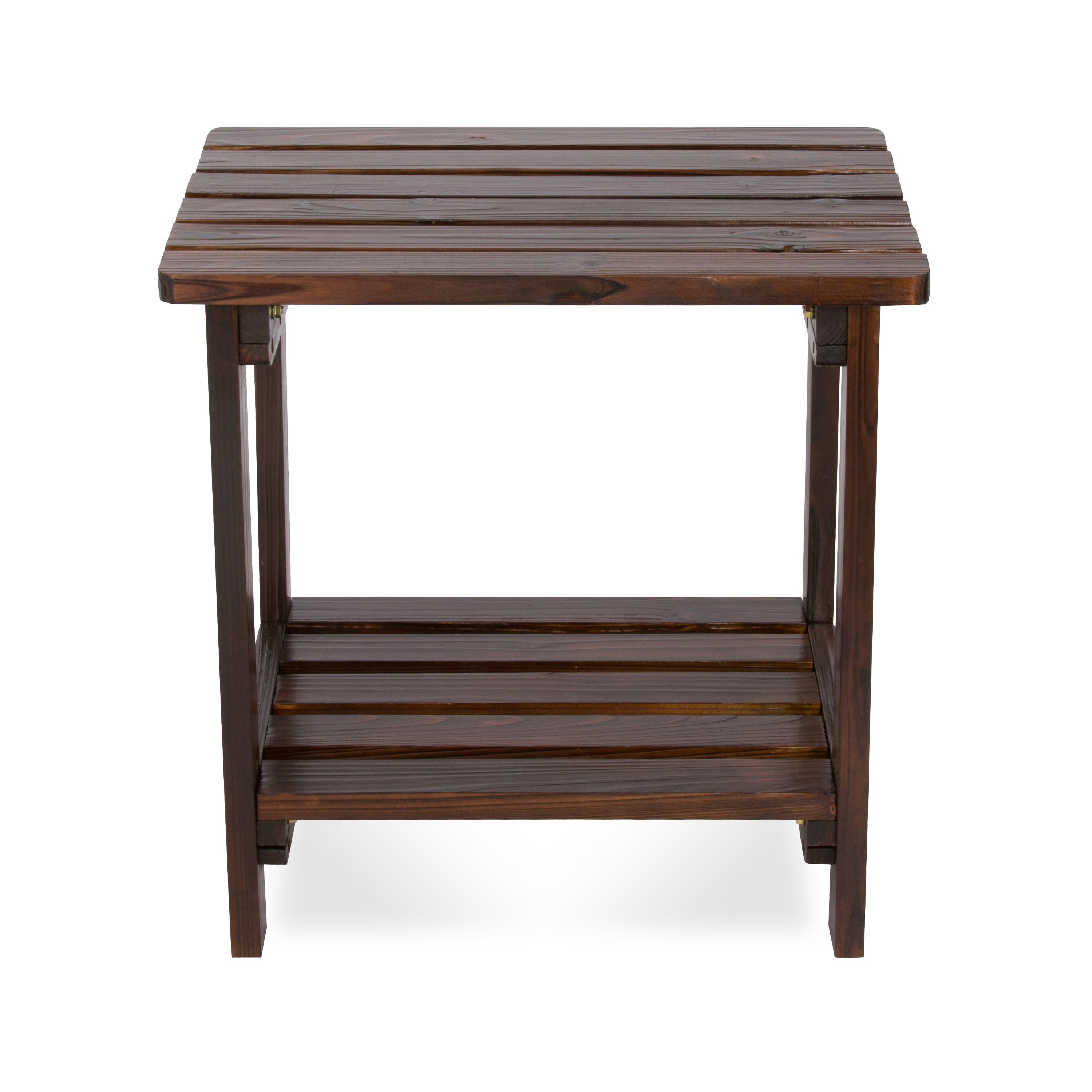A square wooden side table with a dark brown finish, featuring a top slatted surface, a lower slatted shelf, and four legs, shown against a plain white background. 