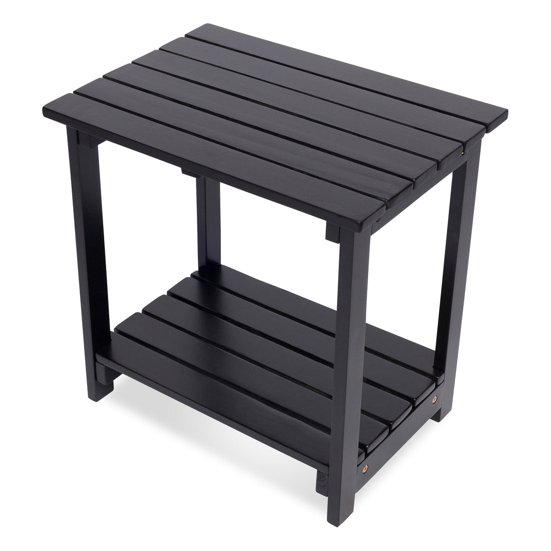 A black slatted outdoor side table with a top surface and a lower shelf, shown on a plain white background. 