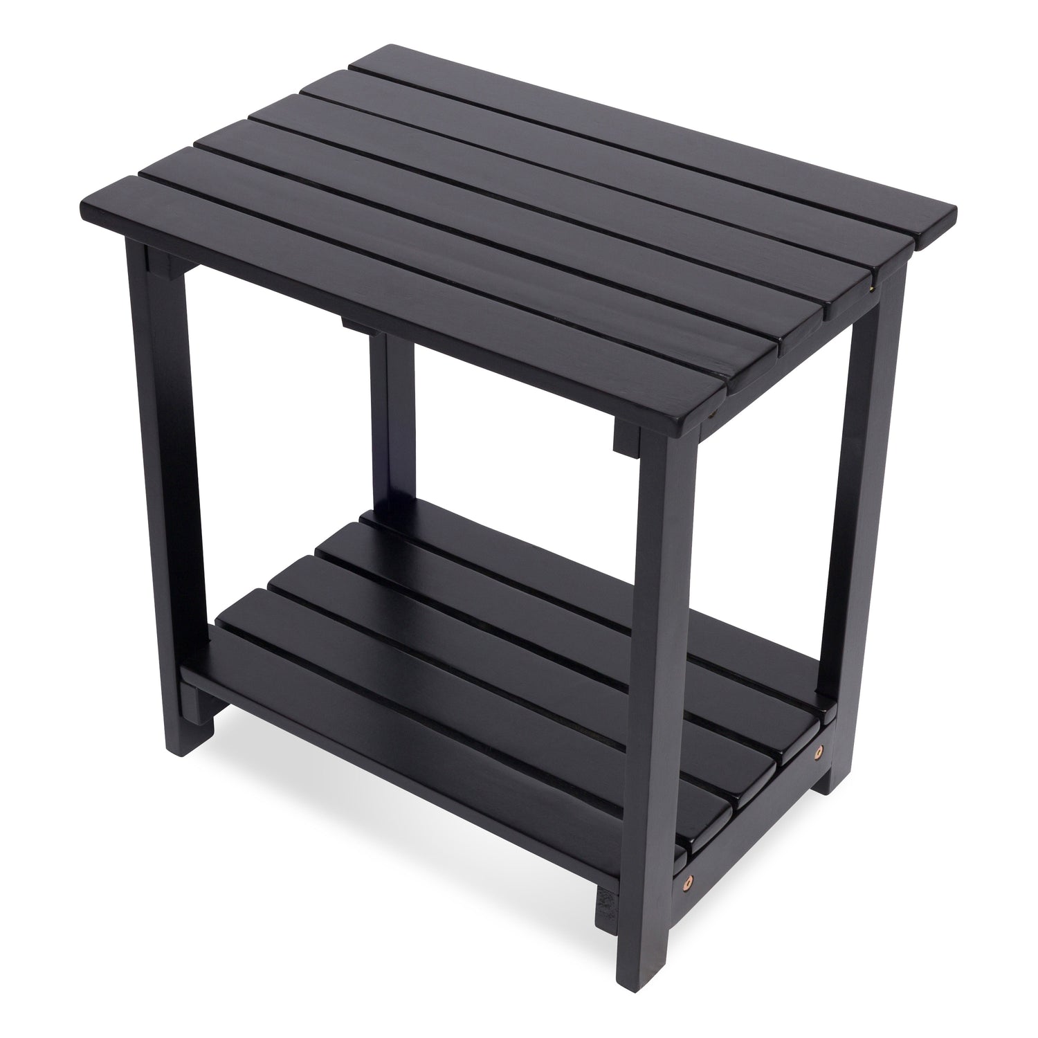 A black slatted outdoor side table with a top surface and a lower shelf, shown on a plain white background. 