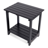 A black slatted outdoor side table with a top surface and a lower shelf, shown on a plain white background. 