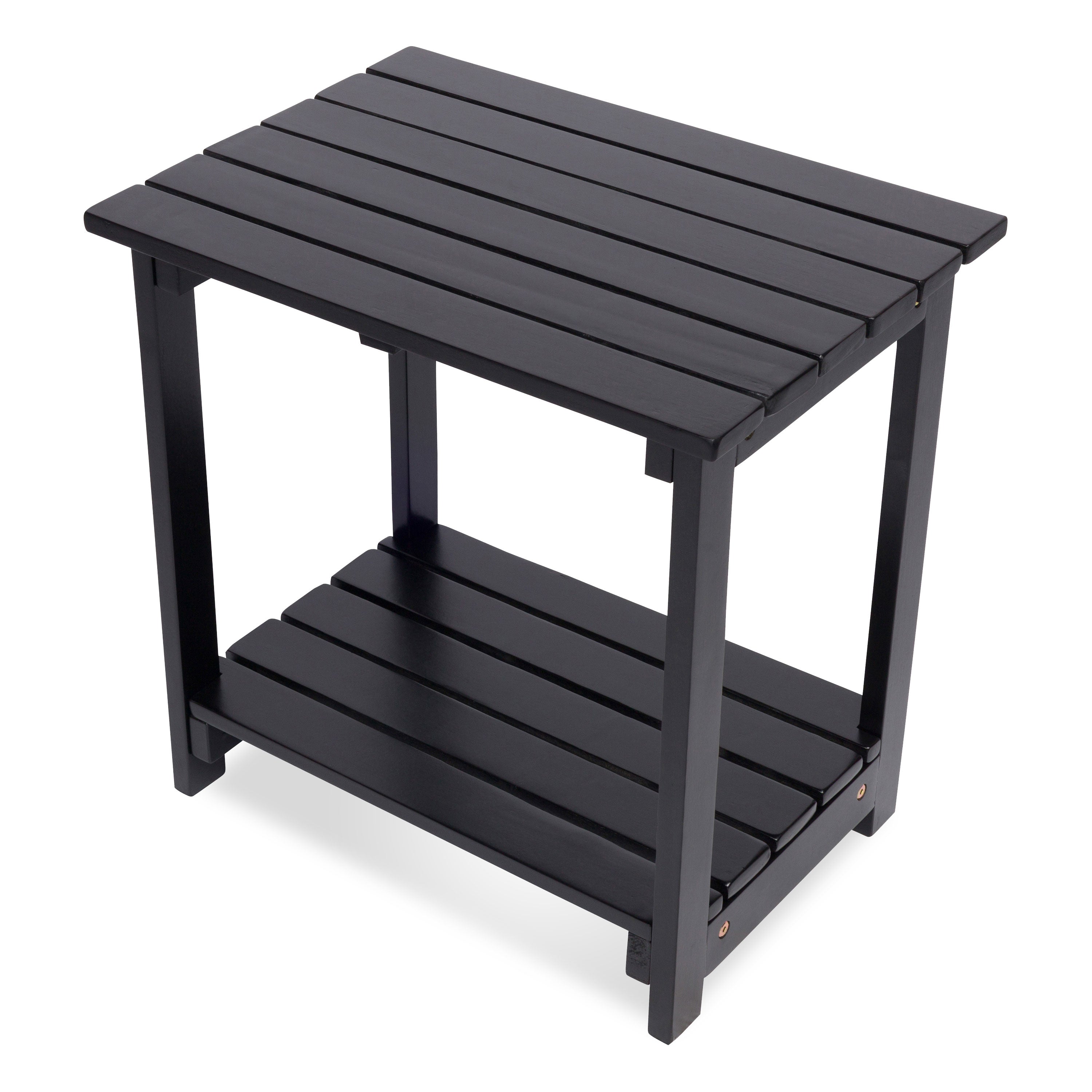 A black slatted outdoor side table with a top surface and a lower shelf, shown on a plain white background. 