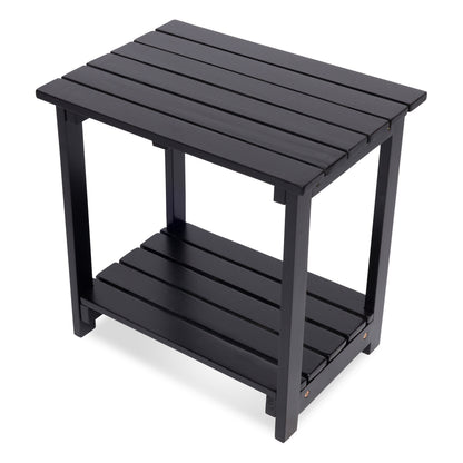 A black slatted outdoor side table with a top surface and a lower shelf, shown on a plain white background. 