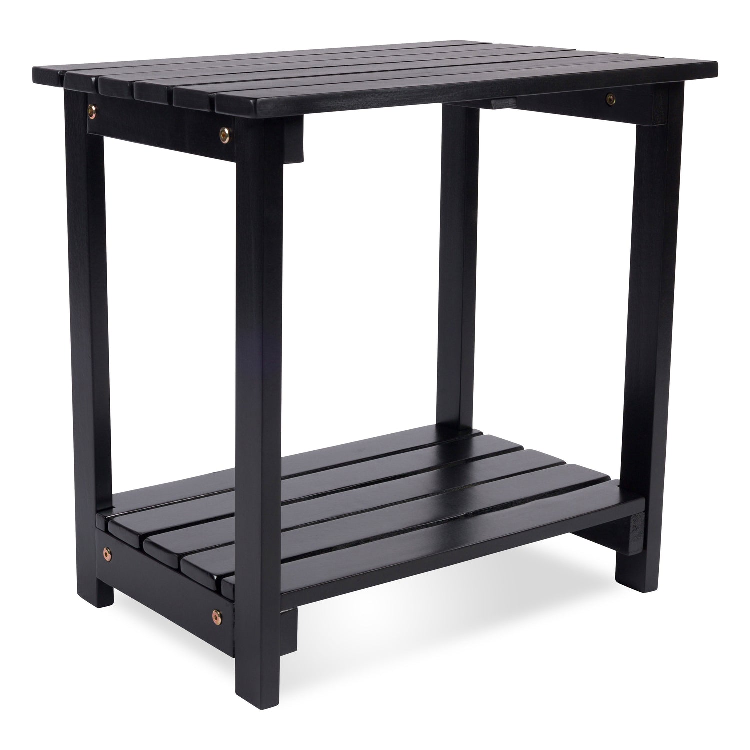 A black outdoor side table with a slatted top and lower shelf, shown on a clean white background. 