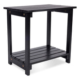 A black outdoor side table with a slatted top and lower shelf, shown on a clean white background. 