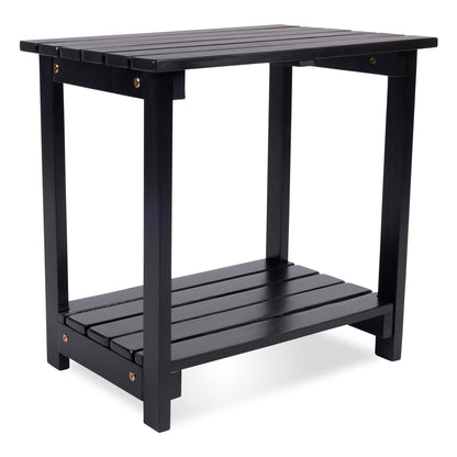 A black outdoor side table with a slatted top and lower shelf, shown on a clean white background. 
