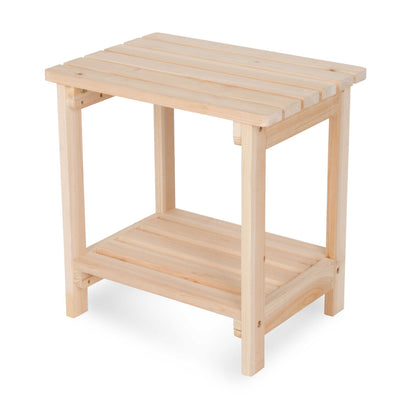 A small natural wood side table or stool with a slatted rectangular top, open lower shelf, and four legs, shown on a plain white background. 