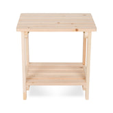 A light natural wood side table with a slatted top, two open shelves, and straight legs, shown against a plain white background. 