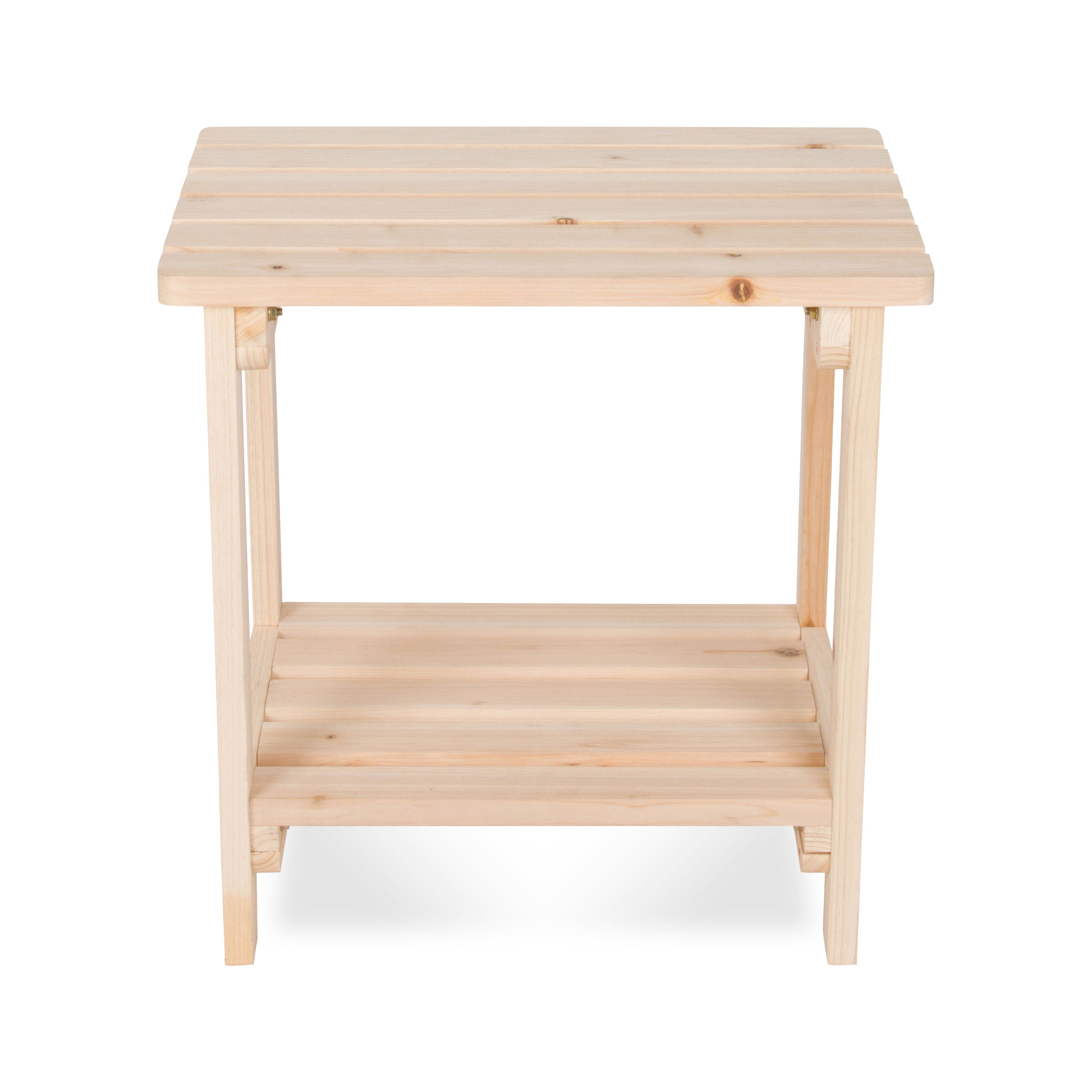 A light natural wood side table with a slatted top, two open shelves, and straight legs, shown against a plain white background. 