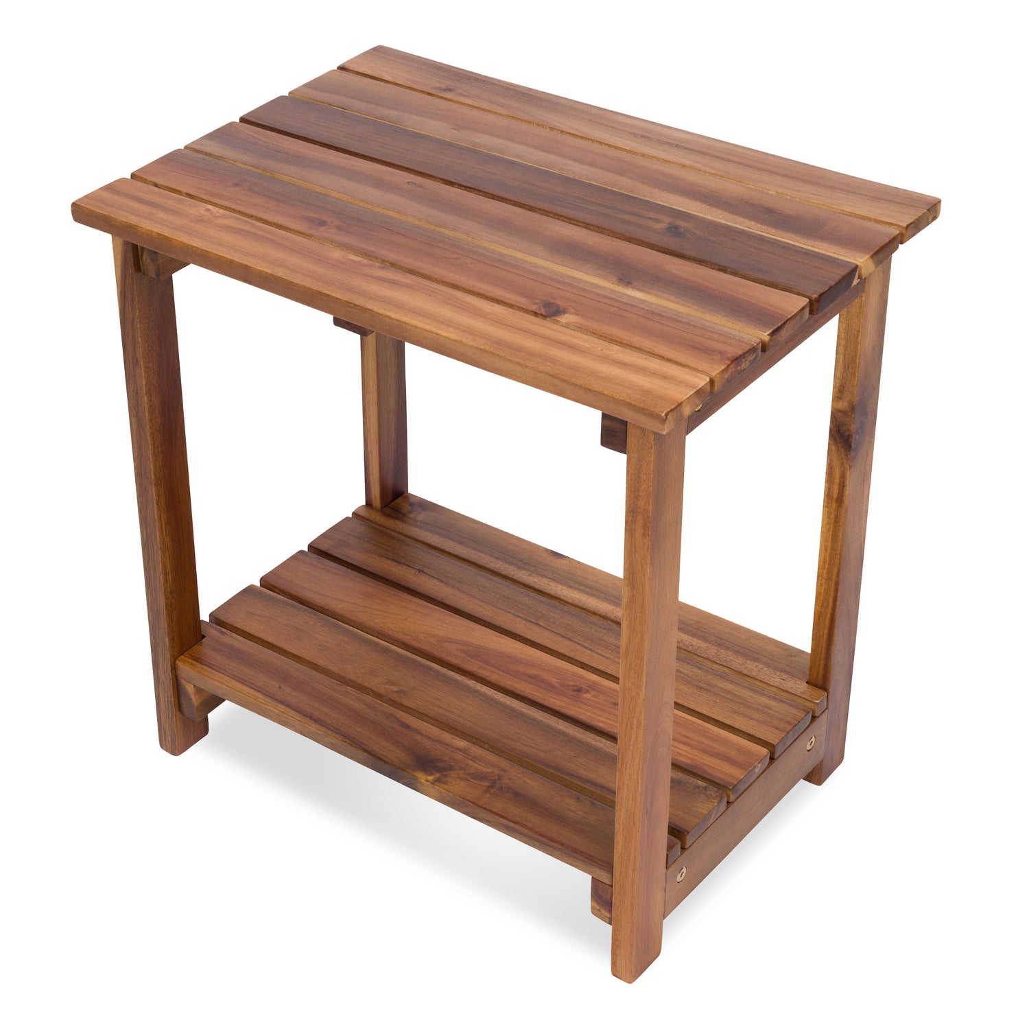 A rectangular wooden side table with a two-tier design, featuring a top shelf and a lower storage shelf, made from medium brown wood with a slatted top and legs, shown on a white background.  