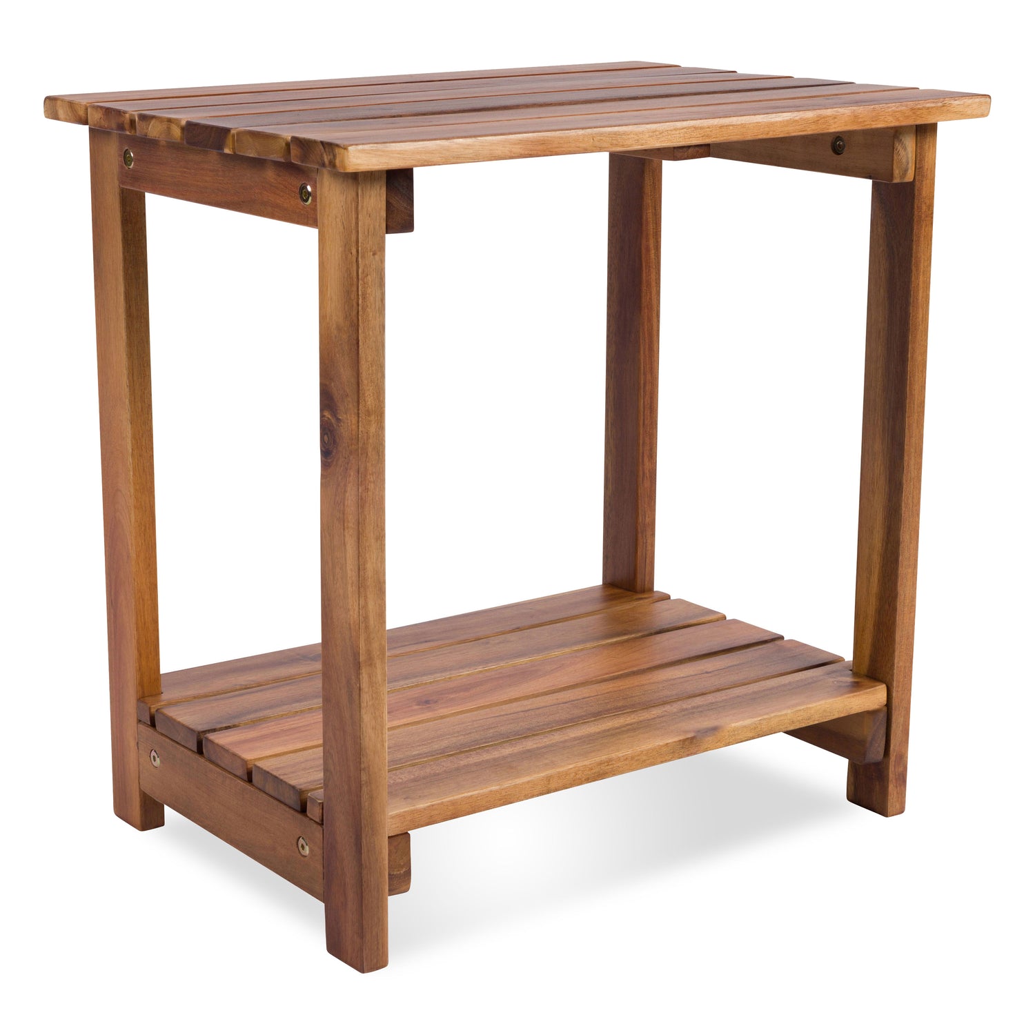 A wooden outdoor side table with a slatted top and lower shelf, shown on a clean white background.  