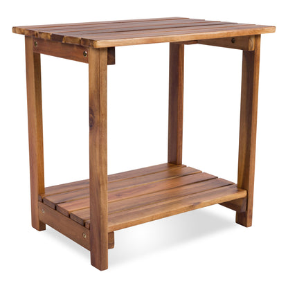 A wooden outdoor side table with a slatted top and lower shelf, shown on a clean white background.  