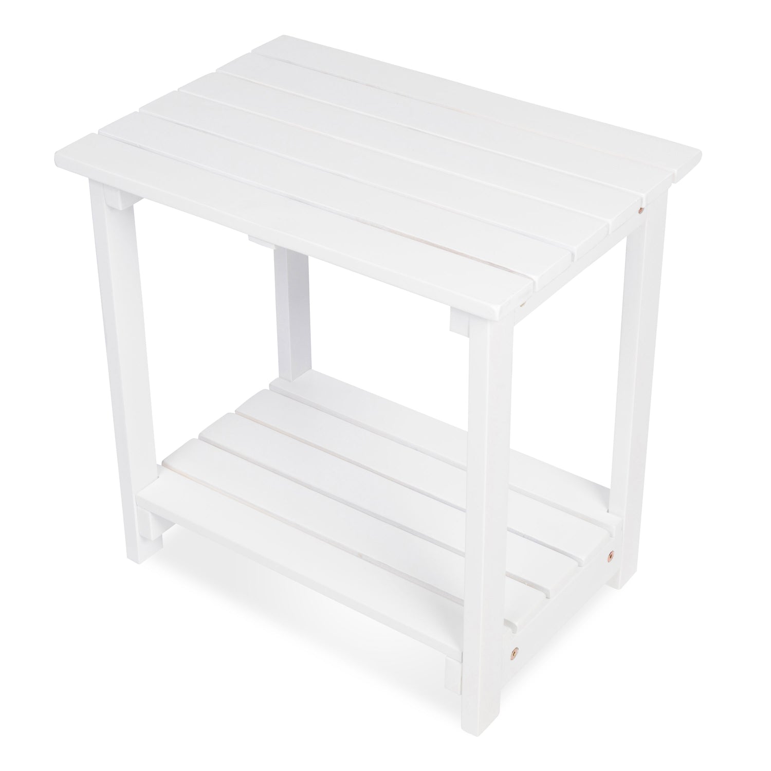 A white slatted side table or end table with a top surface and a lower shelf, shown on a plain white background. 